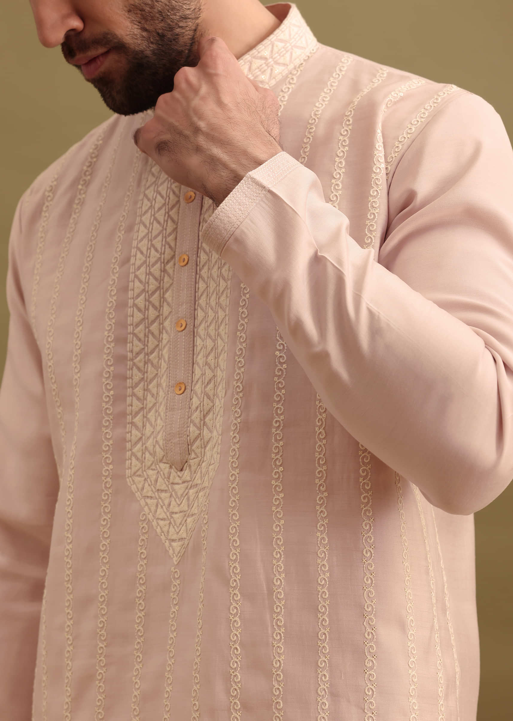 Lilac Silk Kurta Set With Resham Work For Men - Image 2