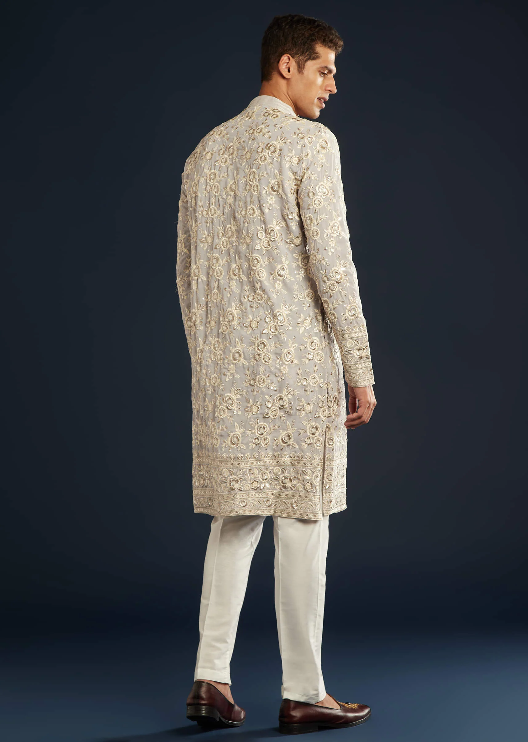 Lilac Silk Mens Kurta Set with Resham Sequin Work - Image 3