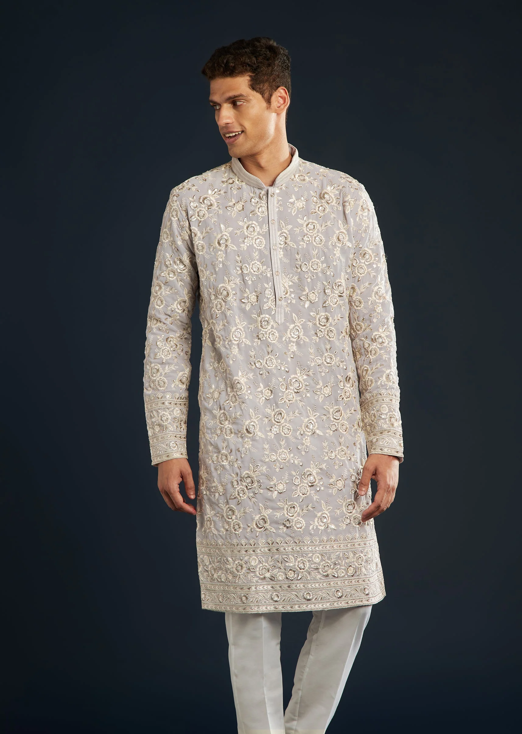Lilac Silk Mens Kurta Set with Resham Sequin Work - Image 4