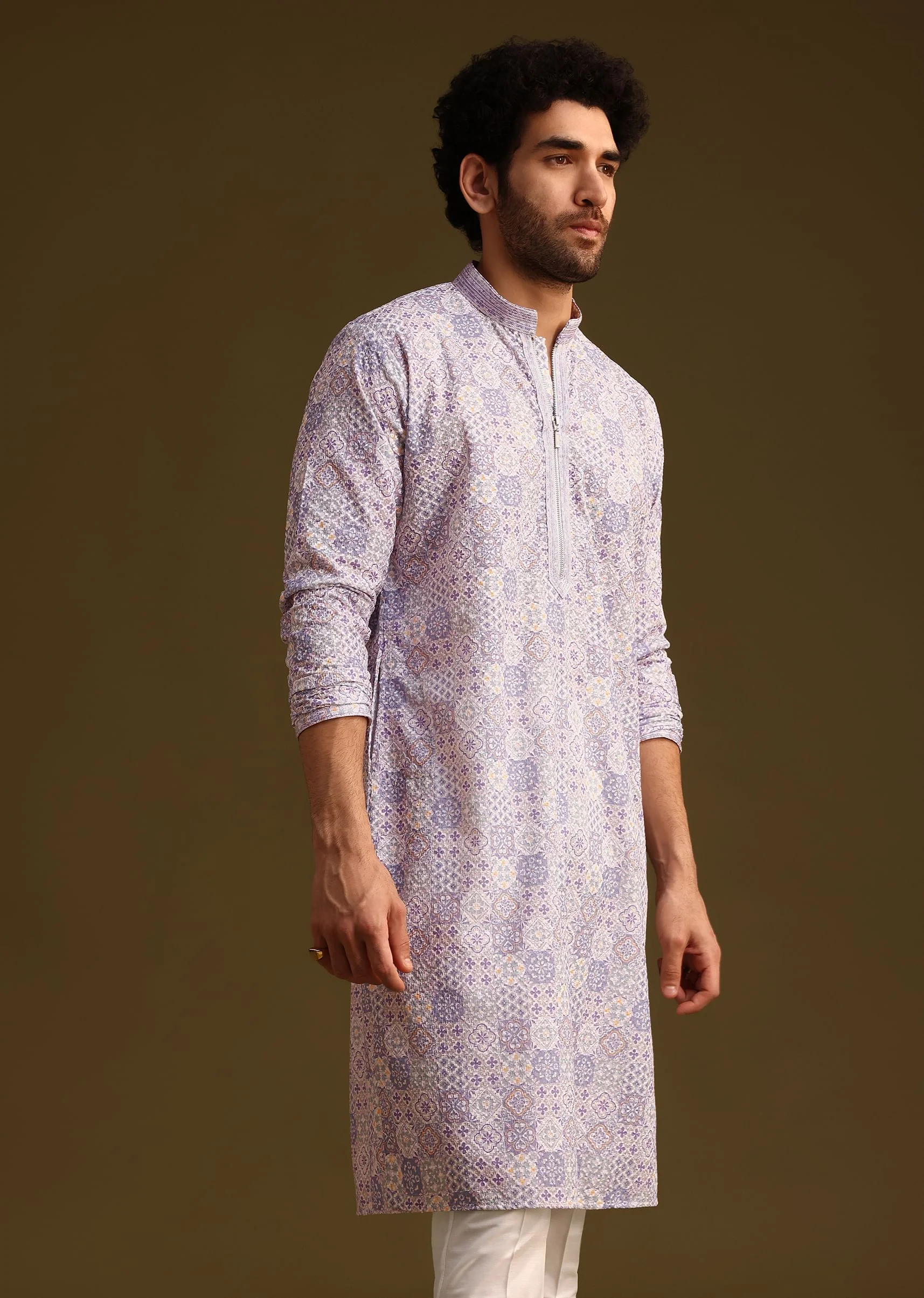 Lilac Silk Printed Kurta Set - Image 2