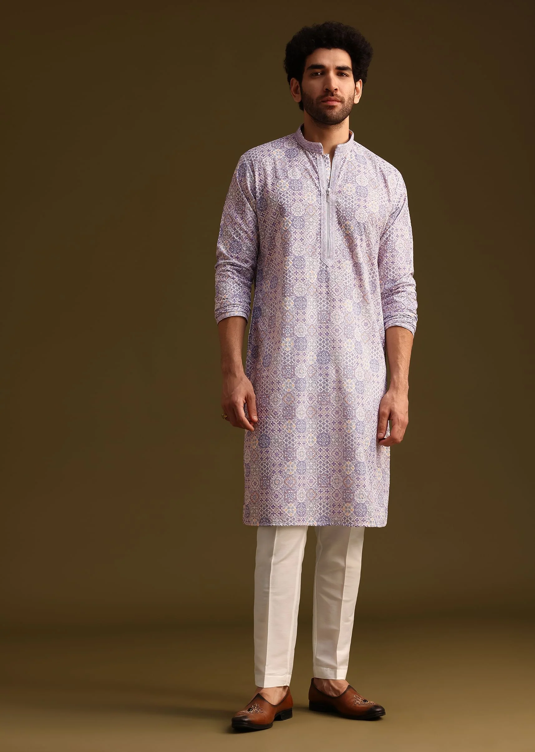 Lilac Silk Printed Kurta Set - Image 3