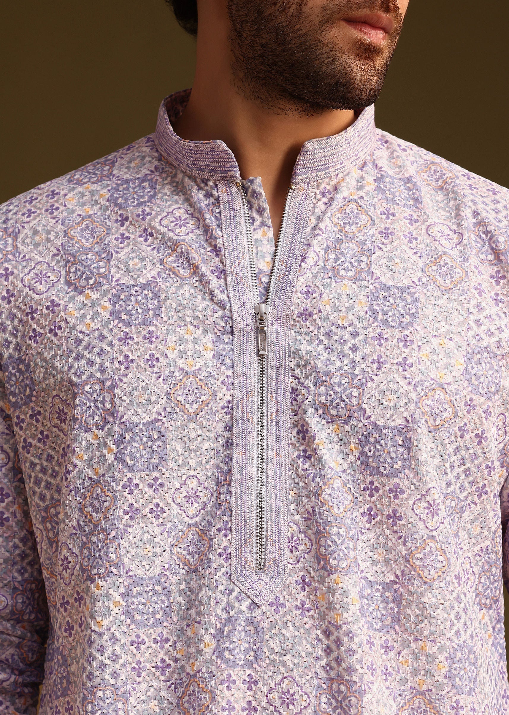 Lilac Silk Printed Kurta Set - Image 4