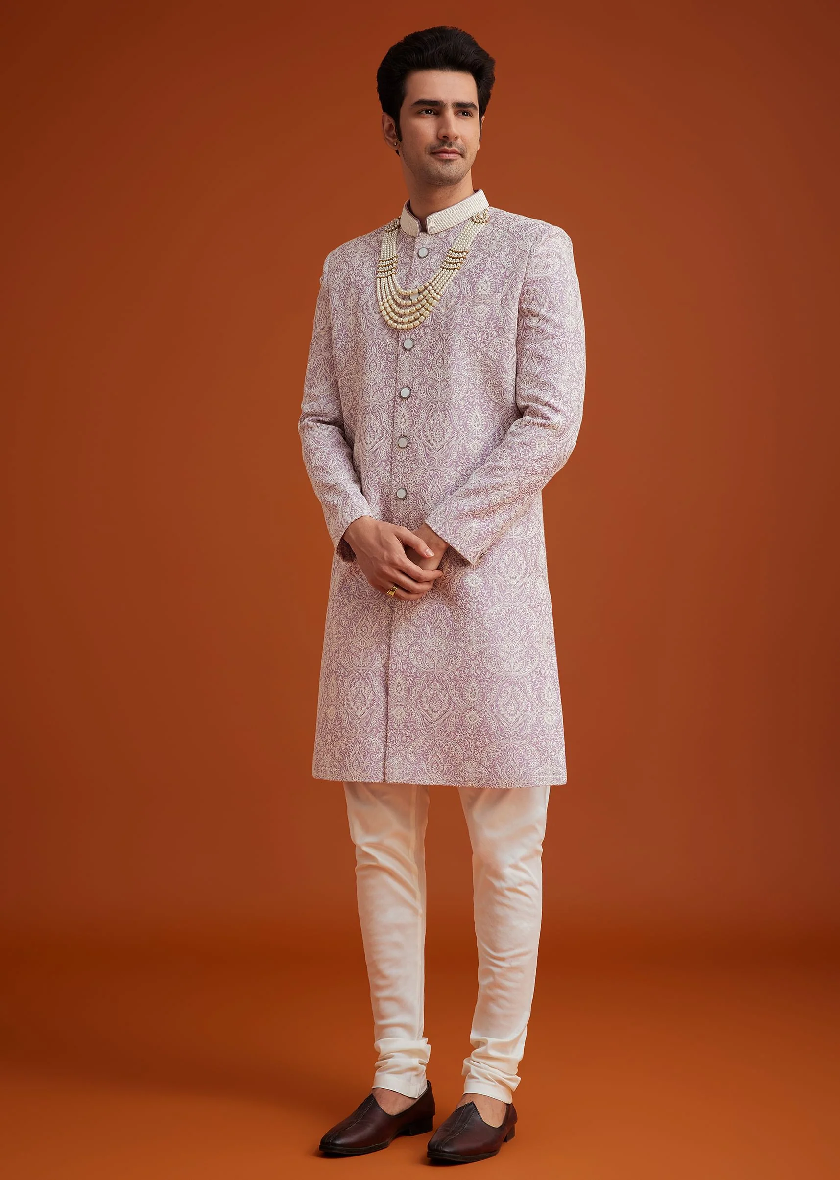 Lilac Silk Sherwani Set With Embroidery And Bead Work - Image 3