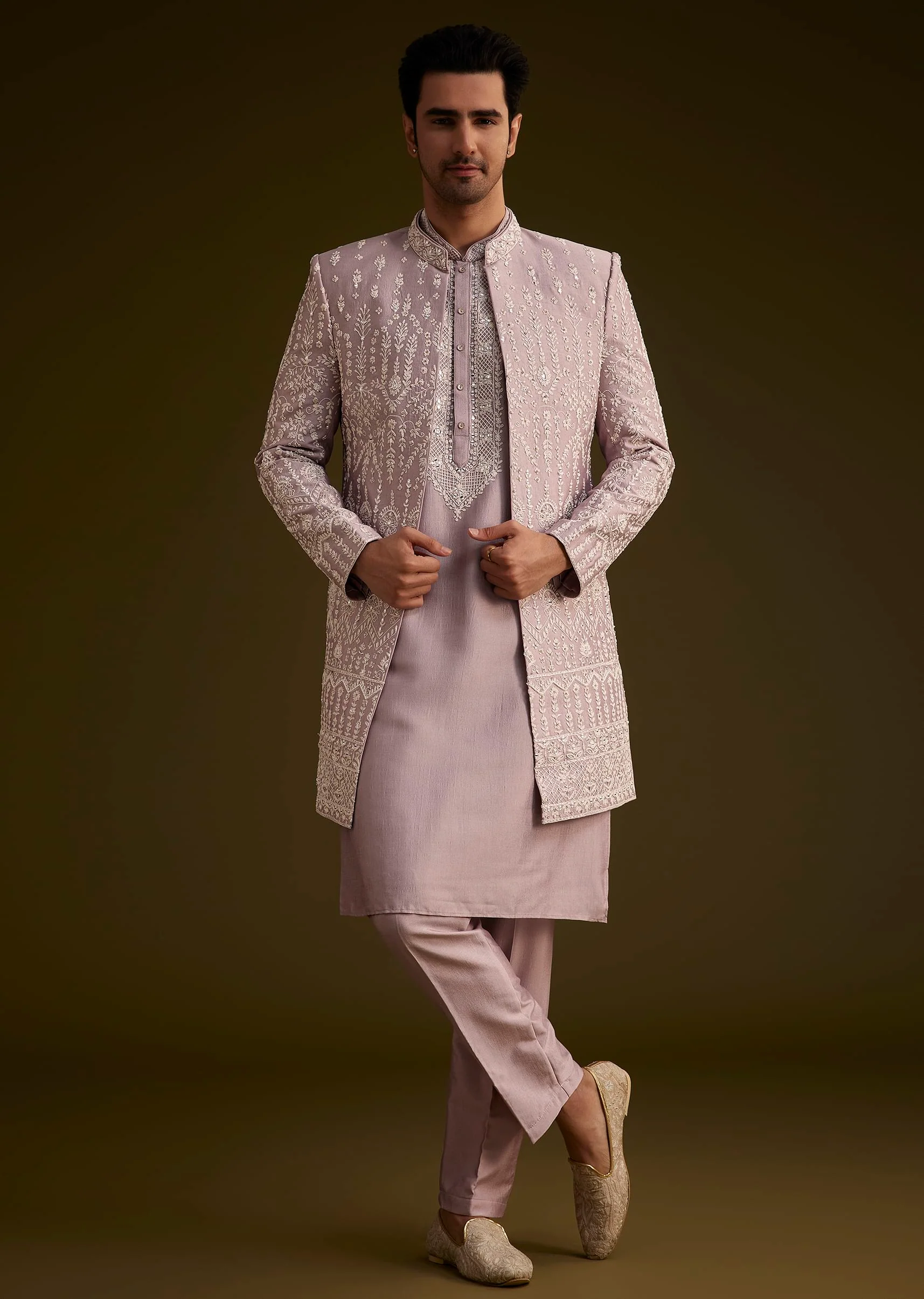 Lilac Silk Sherwani Set With Thread And Stone Work - Image 2