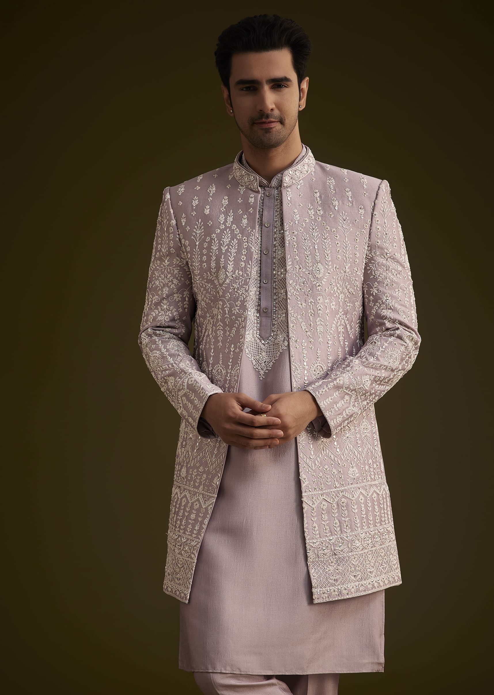 Lilac Silk Sherwani Set With Thread And Stone Work - Image 3
