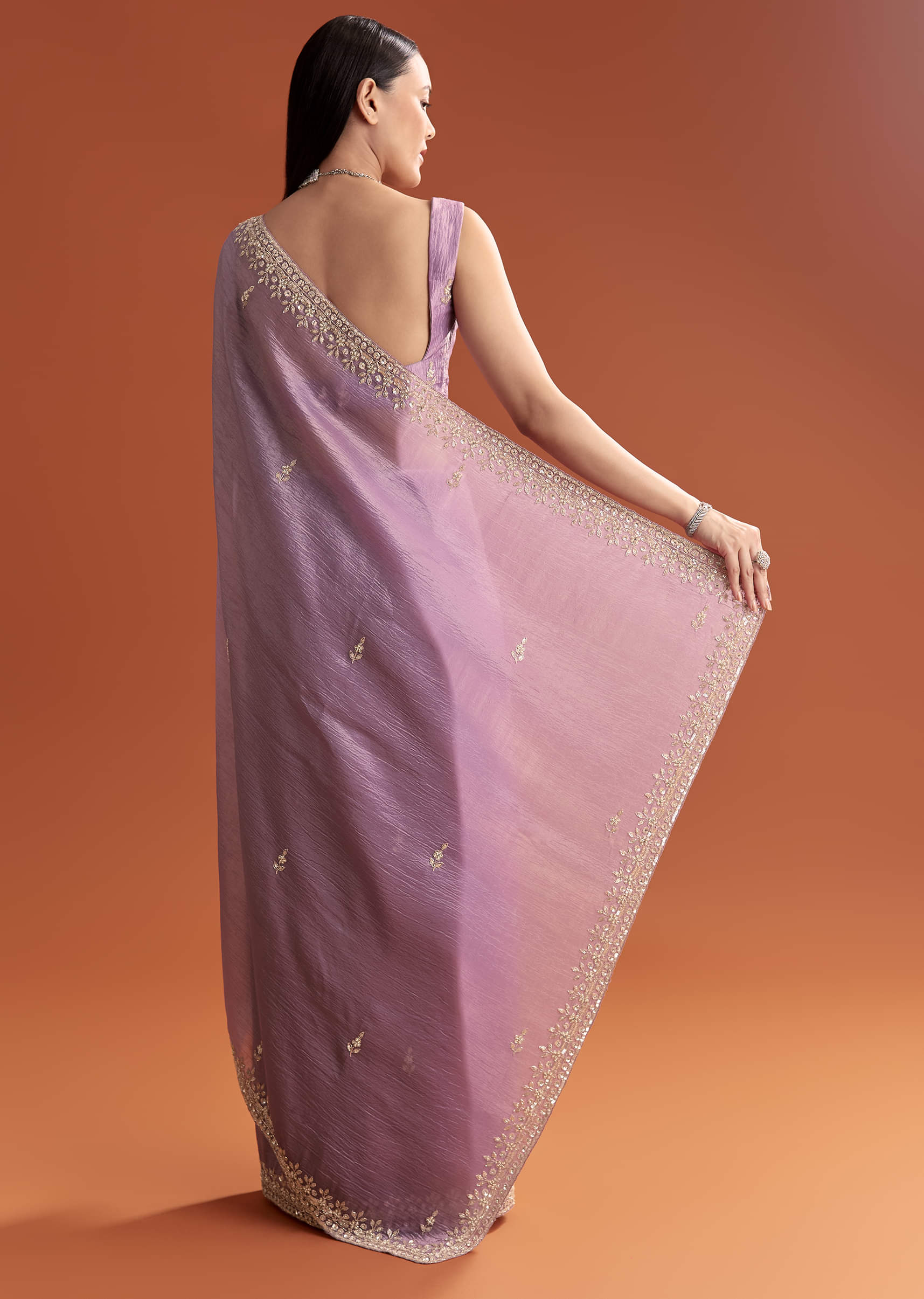 Lilac Tissue Saree With Butti And Border Embroidery - Image 13