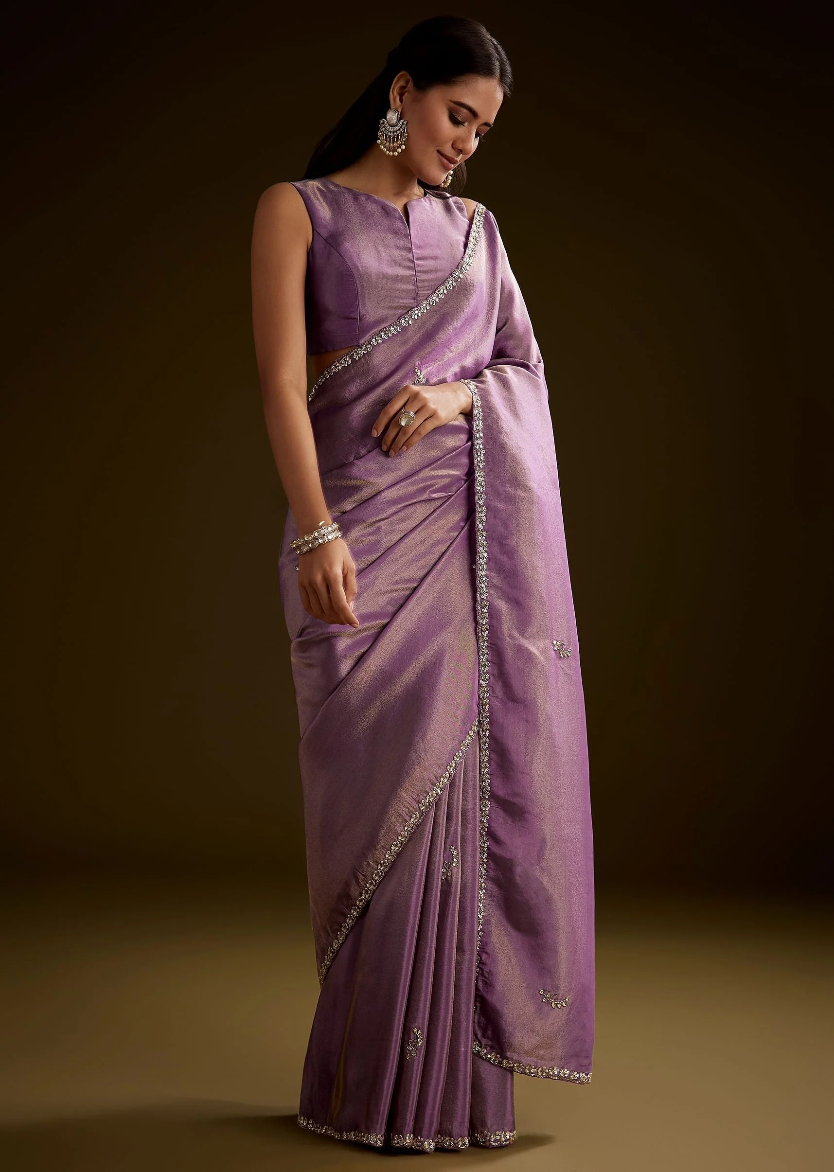 Lilac Tissue Saree With Cutdana Embroidery And Scallop Border - Image 5