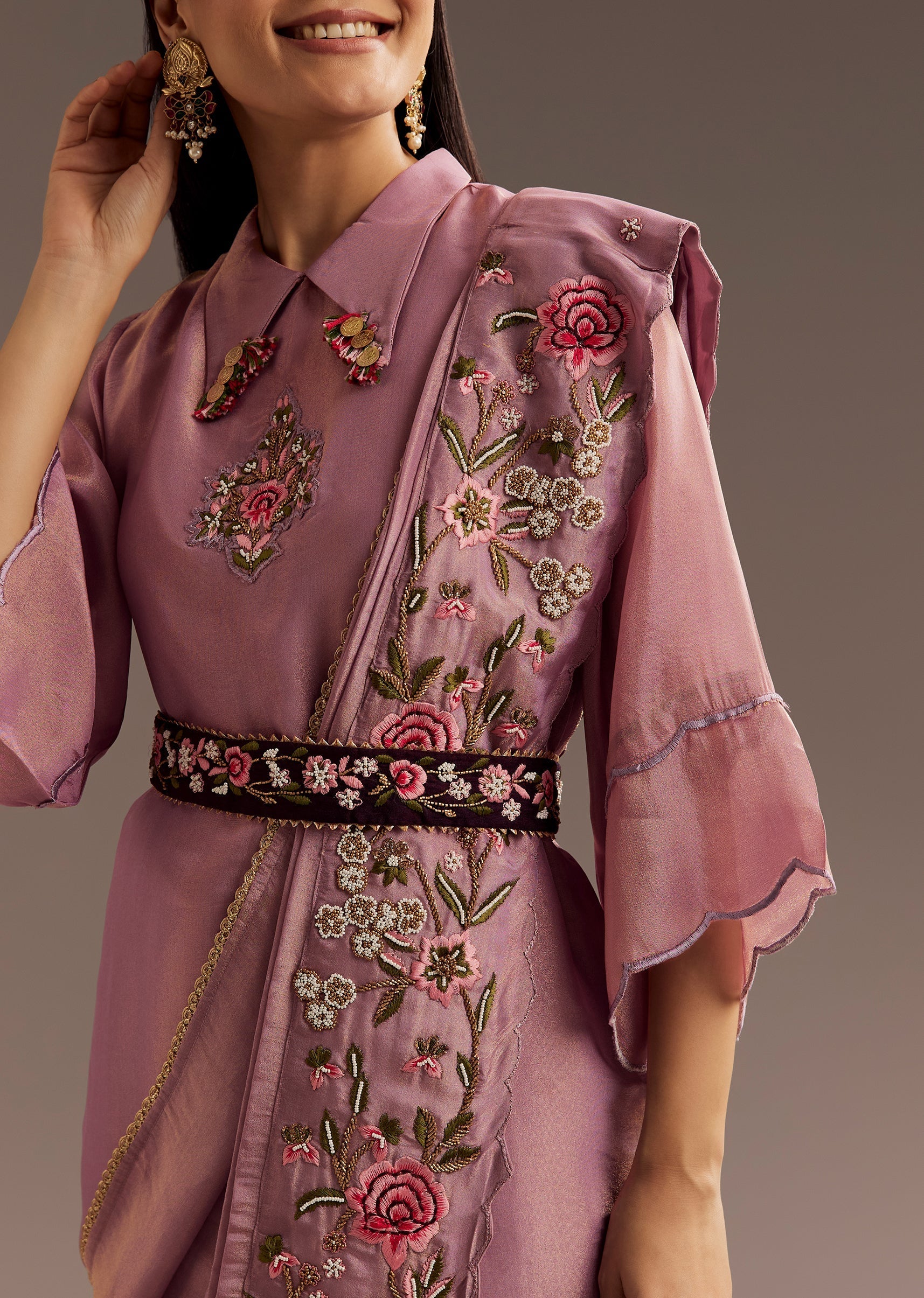 Lilac Zardosi Motif Kurta Dupatta Belt Set - Image 2