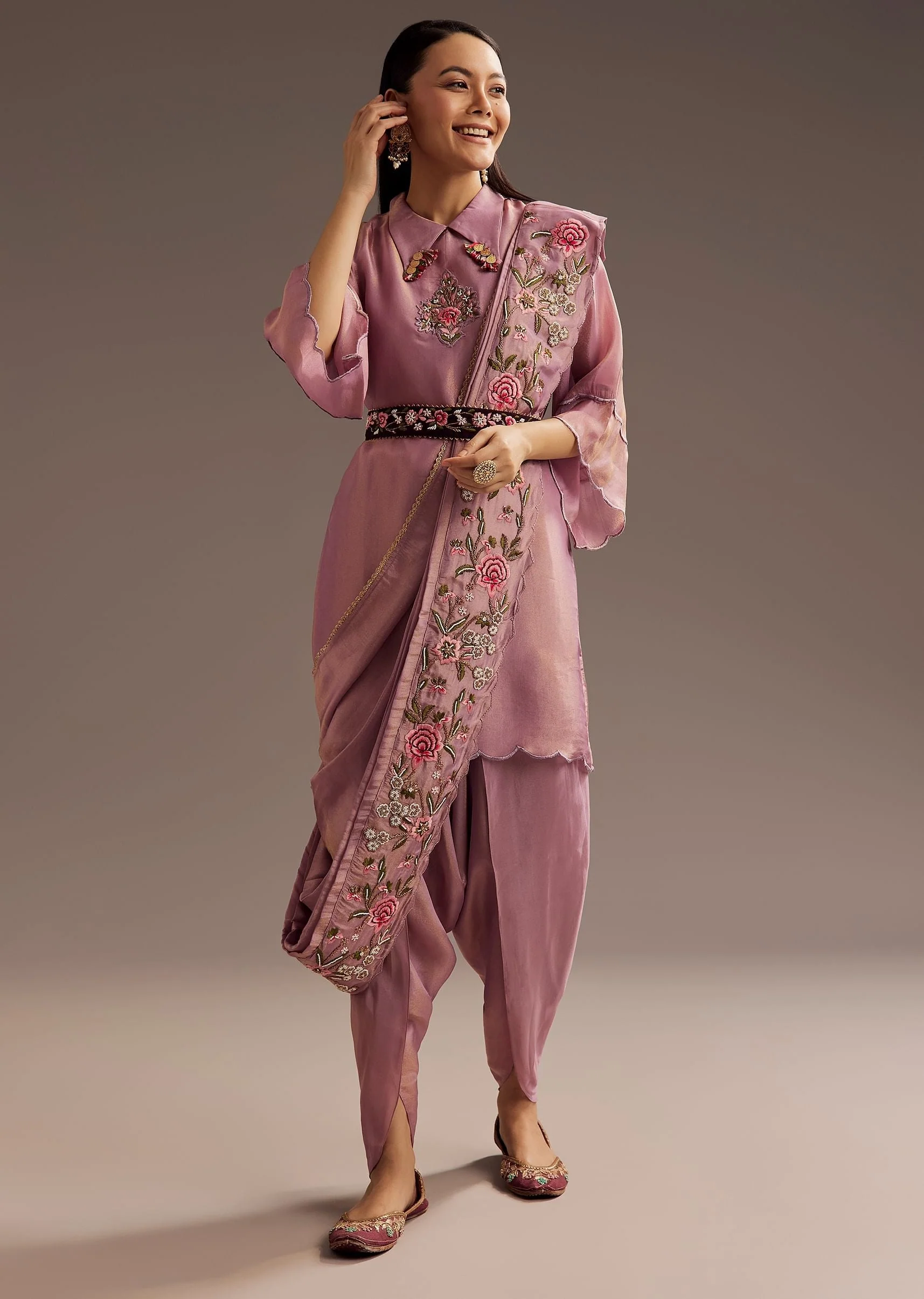 Lilac Zardosi Motif Kurta Dupatta Belt Set - Image 3