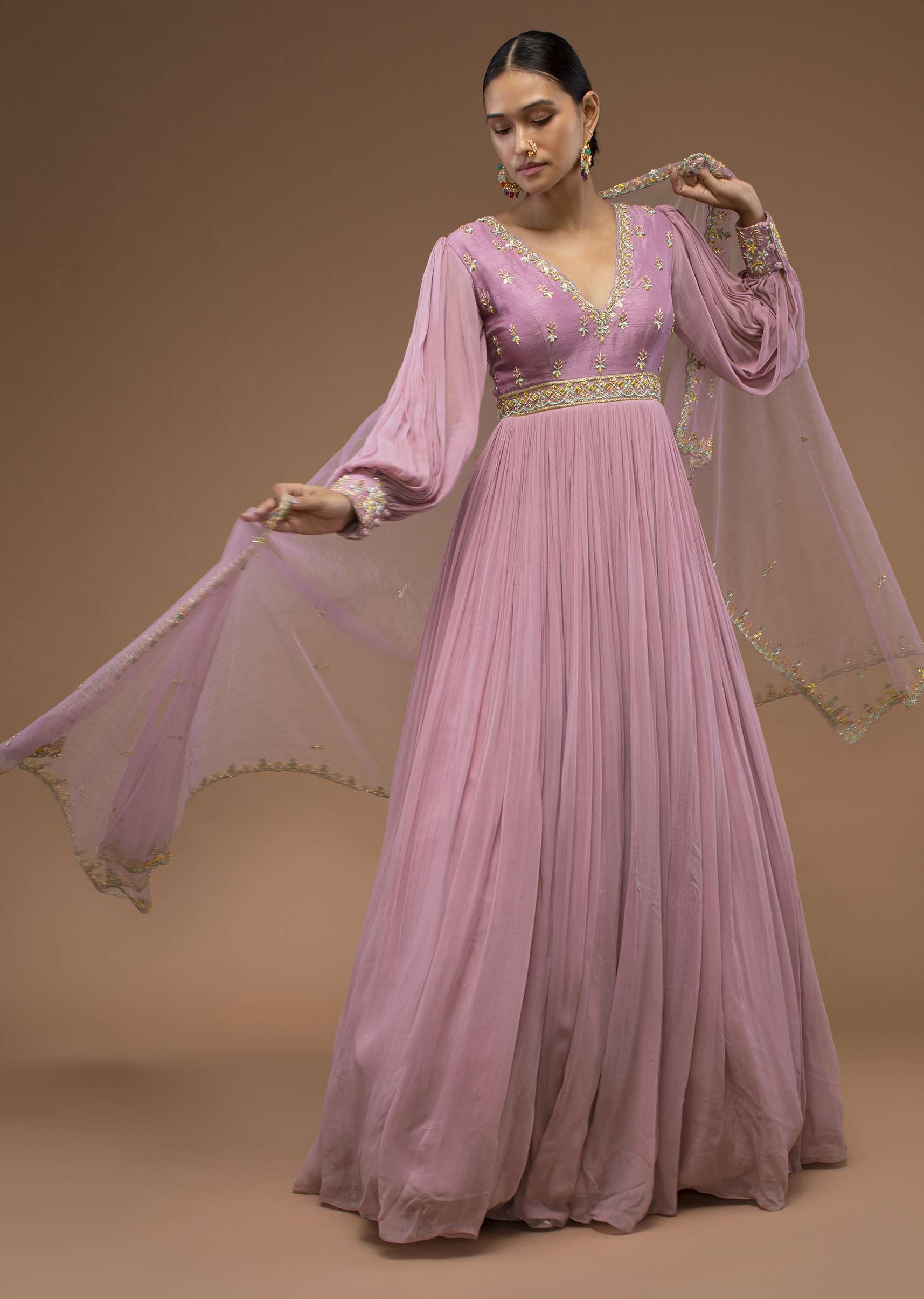 Lilas Pink Floor-Length Suit In Balloon Sleeves, Crafted In Georgette With A Scalloped Neckline And Moti, Cut Dana Embroidery On The Yoke - Image 3