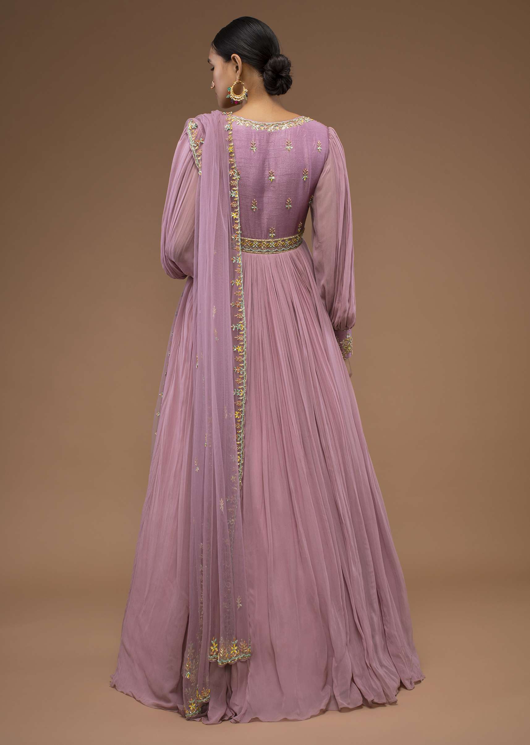 Lilas Pink Floor-Length Suit In Balloon Sleeves, Crafted In Georgette With A Scalloped Neckline And Moti, Cut Dana Embroidery On The Yoke - Image 4