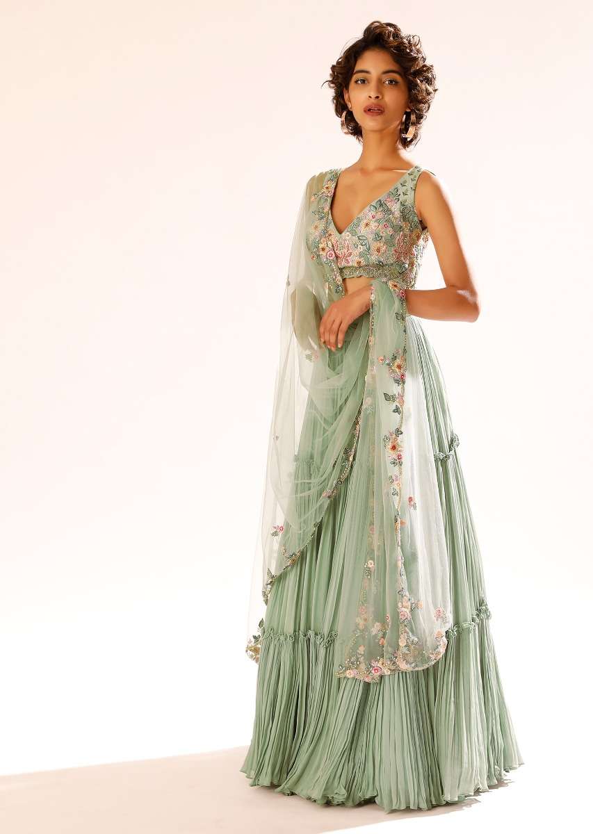 Lily Green Tiered Lehenga With Colorful Resham And Moti Embroidery In Floral Motifs - Image 3