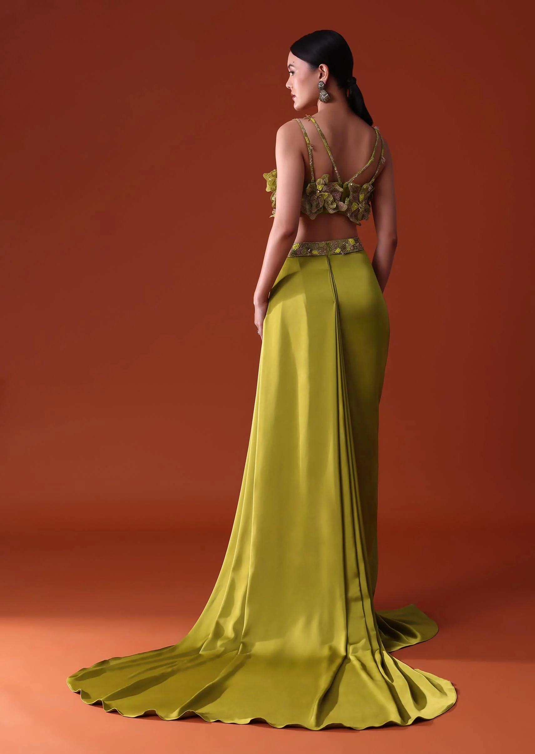Lime Green Zardosi Draped Slit Skirt With 3D Multi Strap Blouse - Image 5