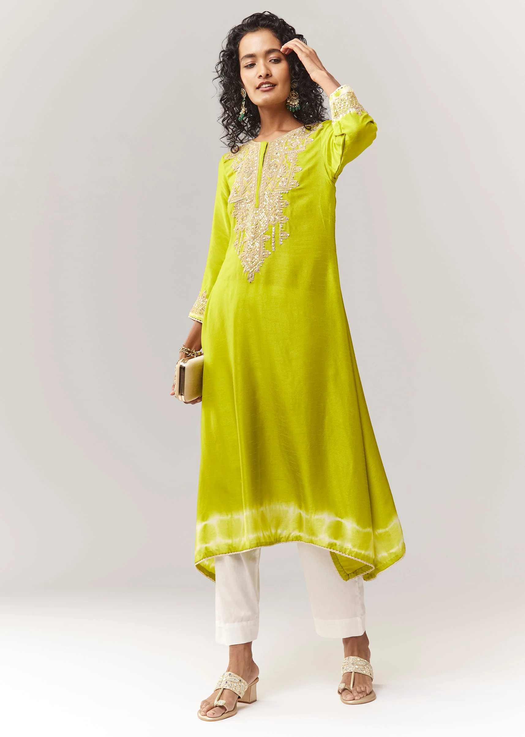 Lime Green A line Kurta Coord With Zari Thread Work And Leheriya Border
