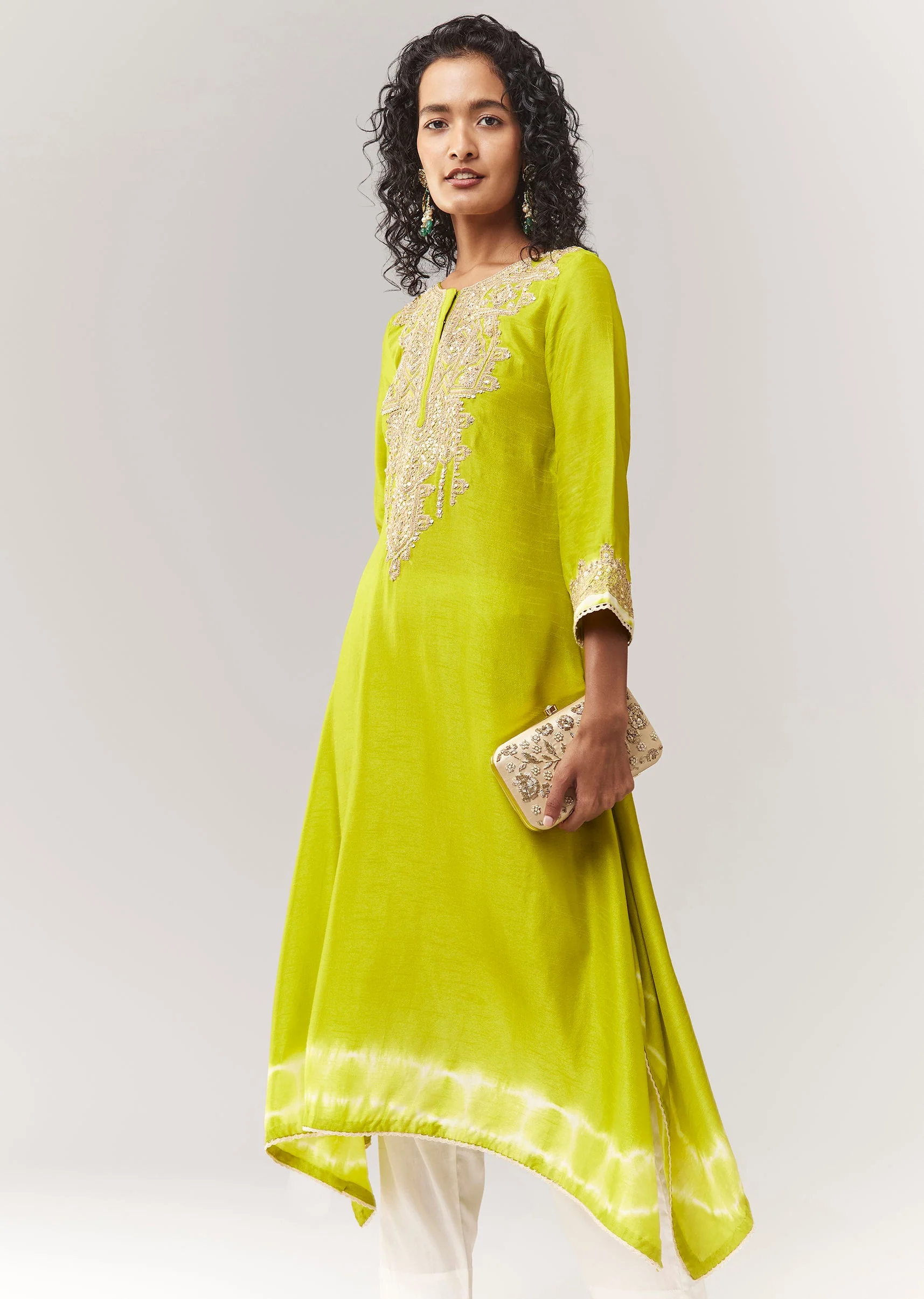 Lime Green A line Kurta Coord With Zari Thread Work And Leheriya Border - Image 4
