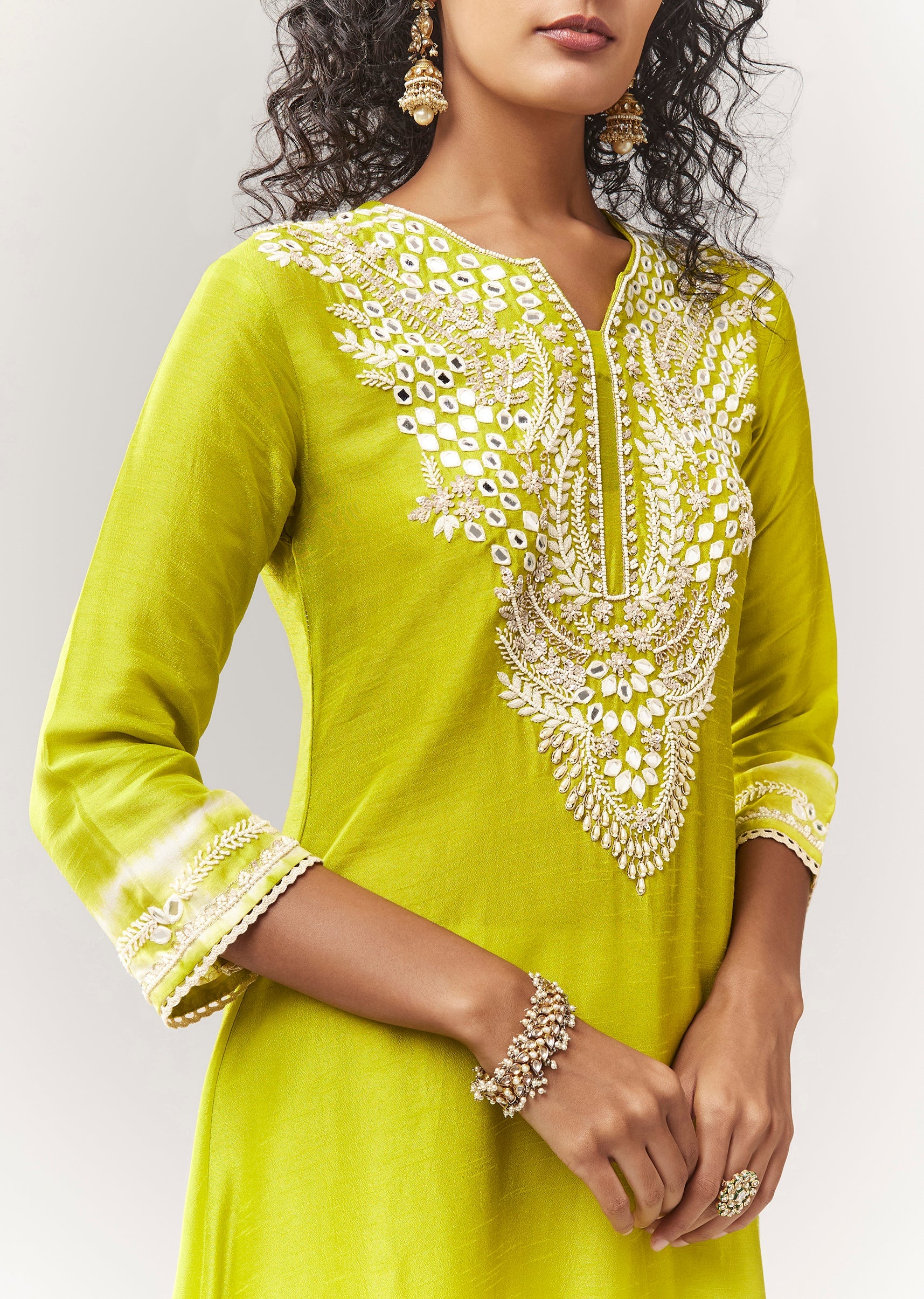 Lime Green Asymmetric A line Kurta Coord With Mirror And Sequin Work - Image 2