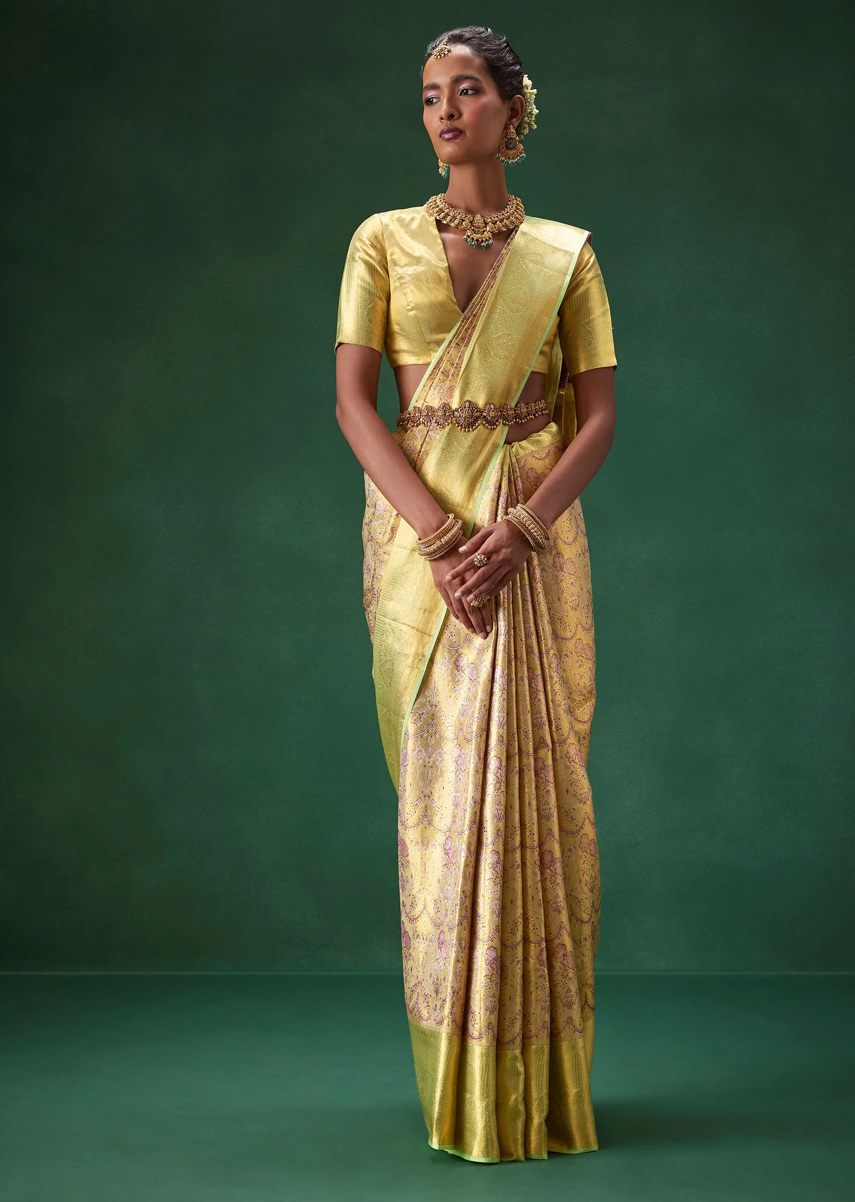 Lime Green Bridal Kanjivaram Silk Saree with Unstitched Blouse