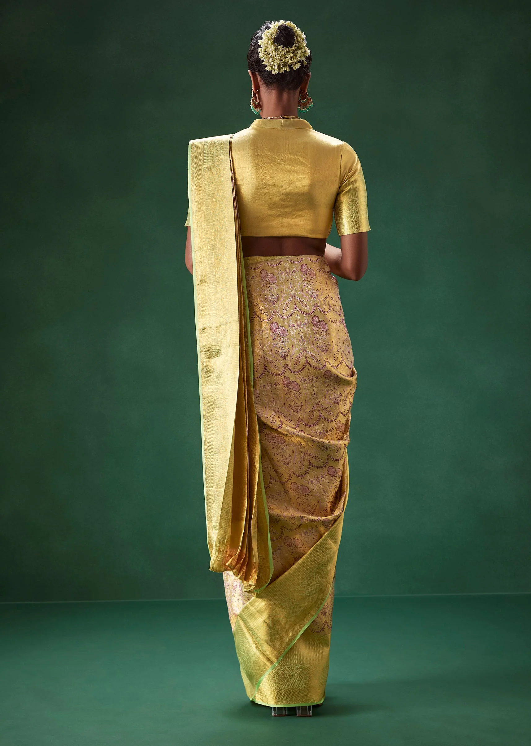 Lime Green Bridal Kanjivaram Silk Saree with Unstitched Blouse - Image 2
