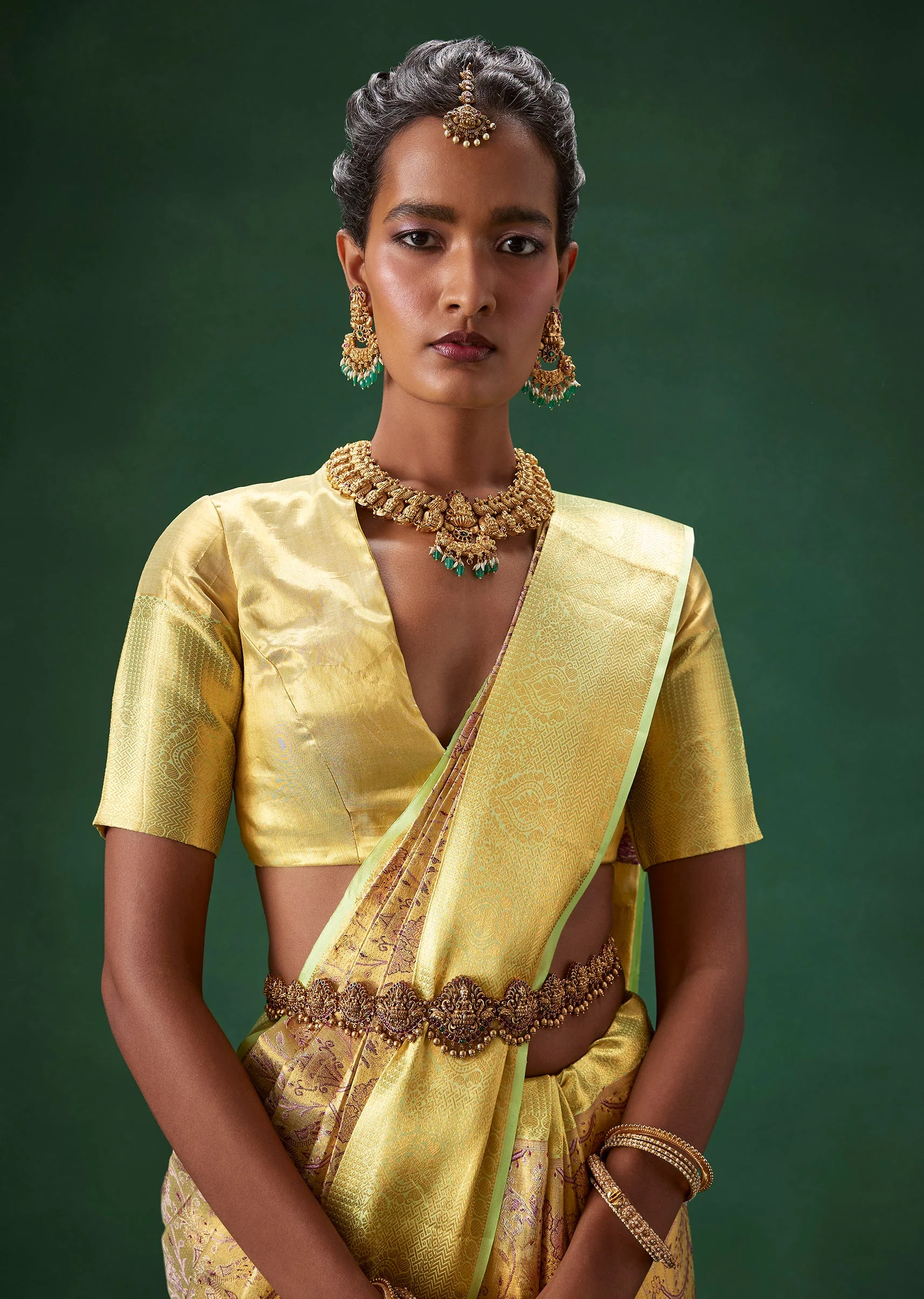 Lime Green Bridal Kanjivaram Silk Saree with Unstitched Blouse - Image 3