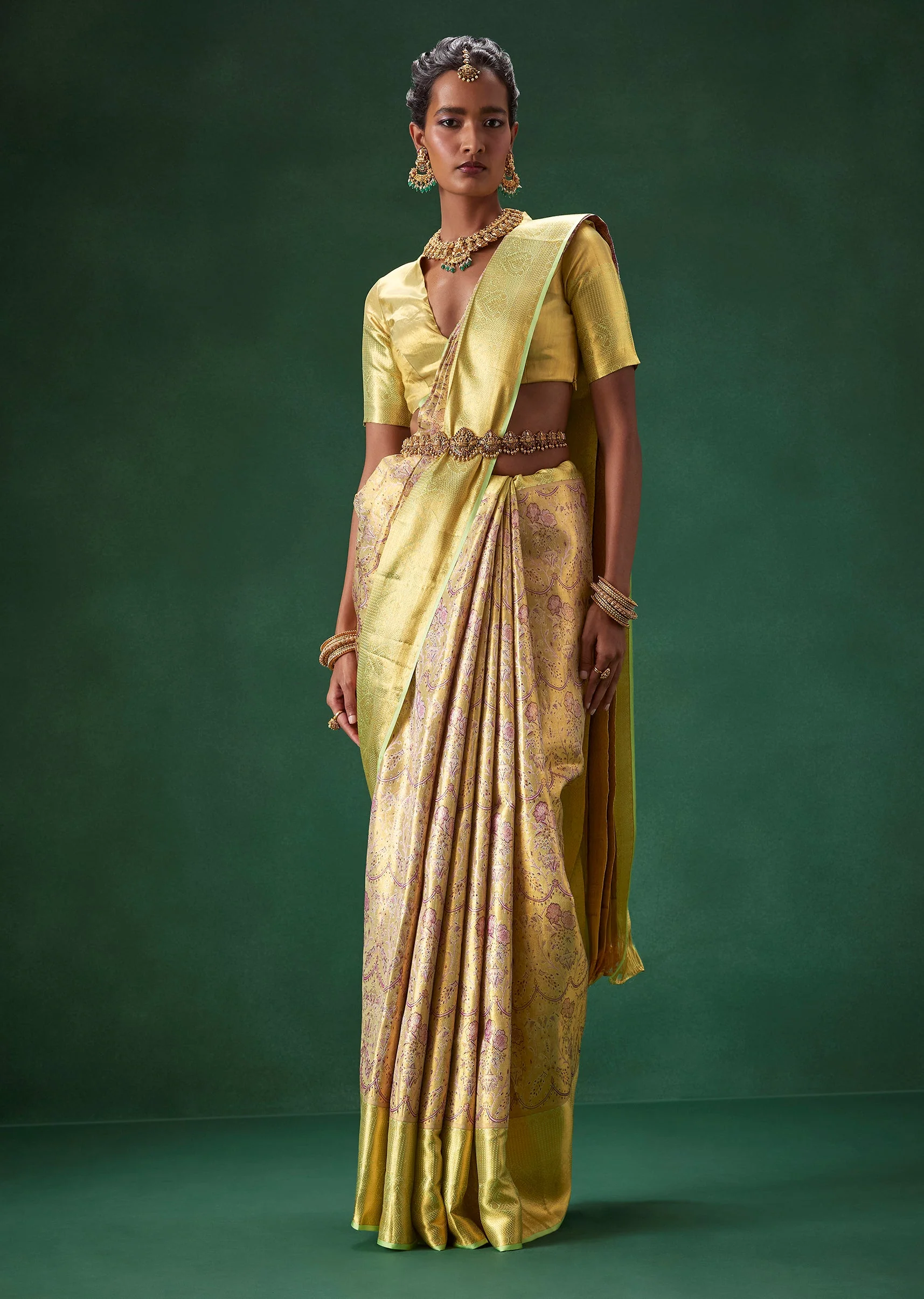 Lime Green Bridal Kanjivaram Silk Saree with Unstitched Blouse - Image 4