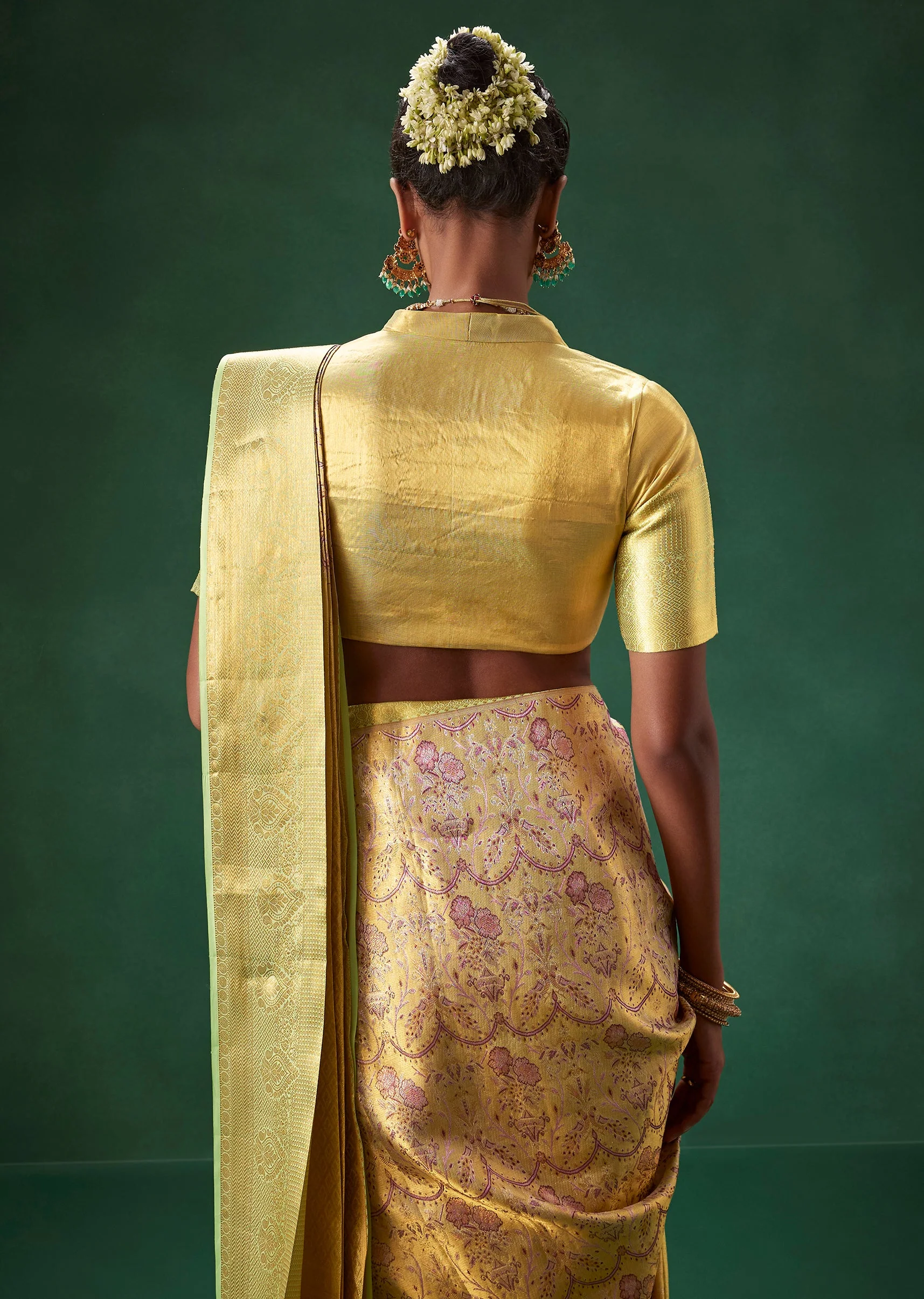Lime Green Bridal Kanjivaram Silk Saree with Unstitched Blouse - Image 5