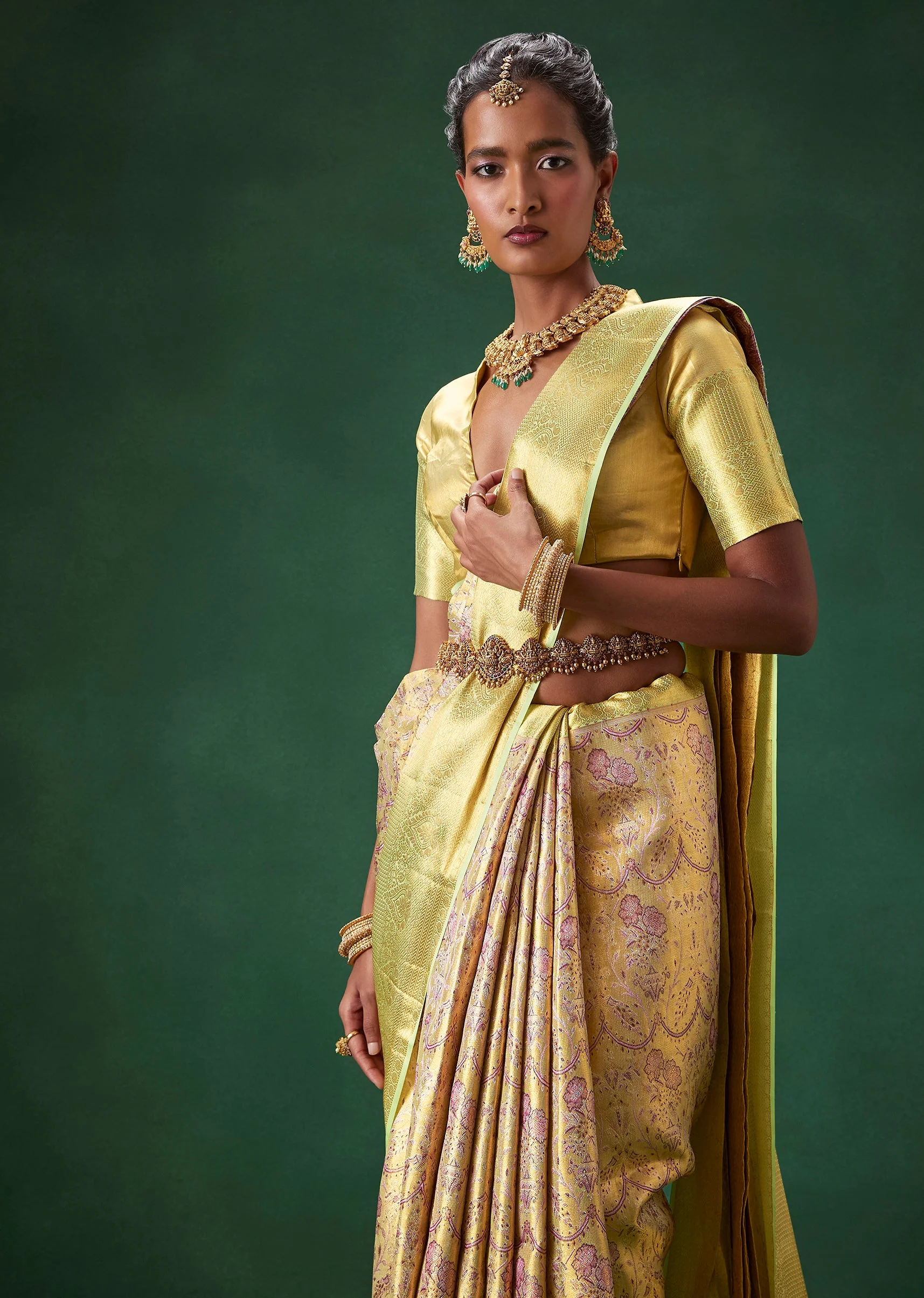 Lime Green Bridal Kanjivaram Silk Saree with Unstitched Blouse - Image 6
