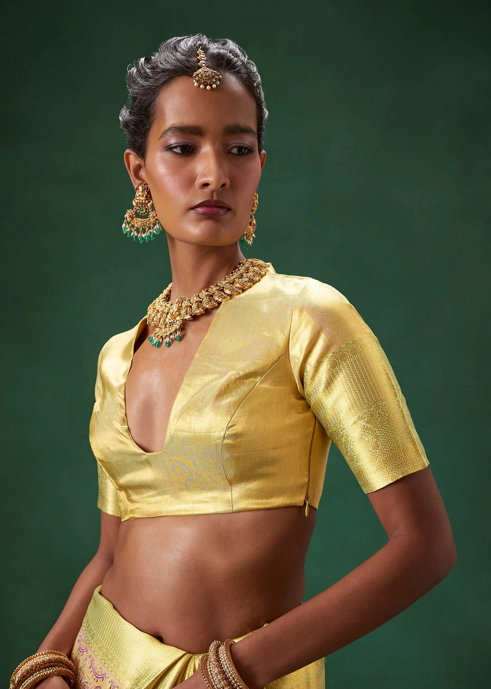 Lime Green Bridal Kanjivaram Silk Saree with Unstitched Blouse - Image 7
