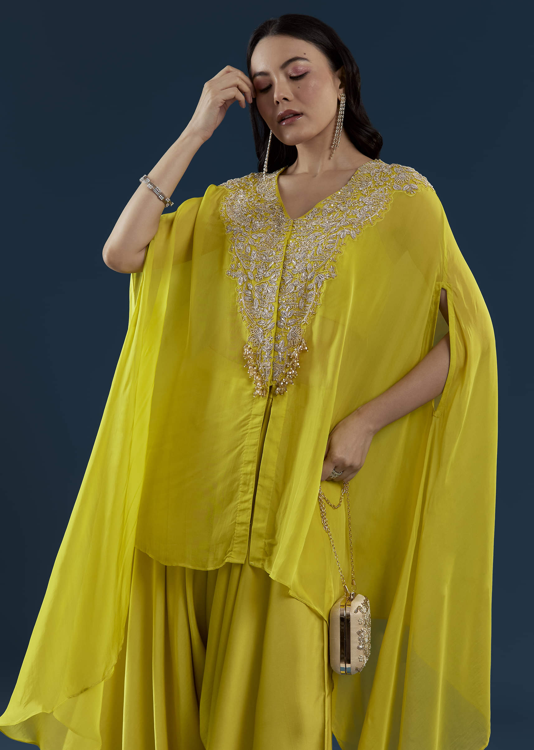 Lime Green Cape Top and Palazzo Set with Zardozi Work - Image 4