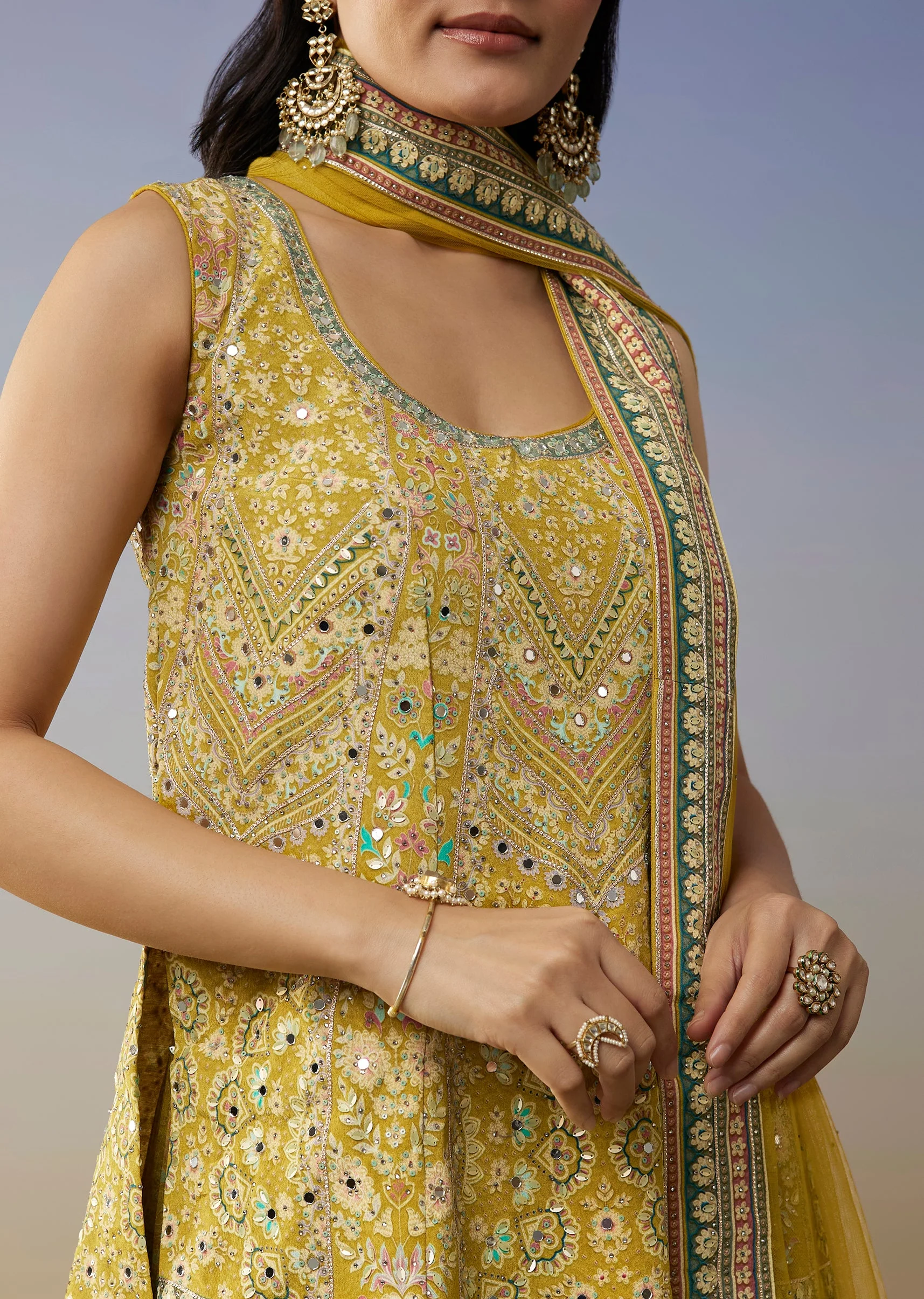 Lime Green Crepe Palazzo Suits with Indie Print Mirror Stone Gotta Lace Work - Image 2