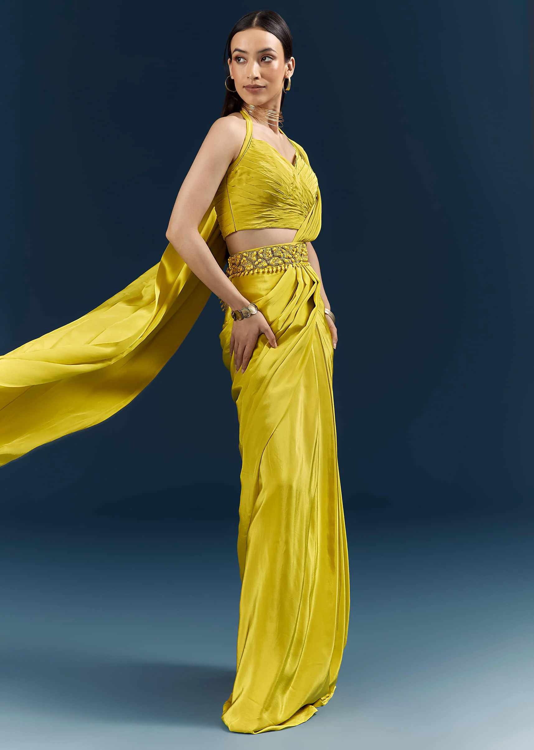 Lime Green Crepe Ready Pleated Saree With Heavy Embroidery - Image 4
