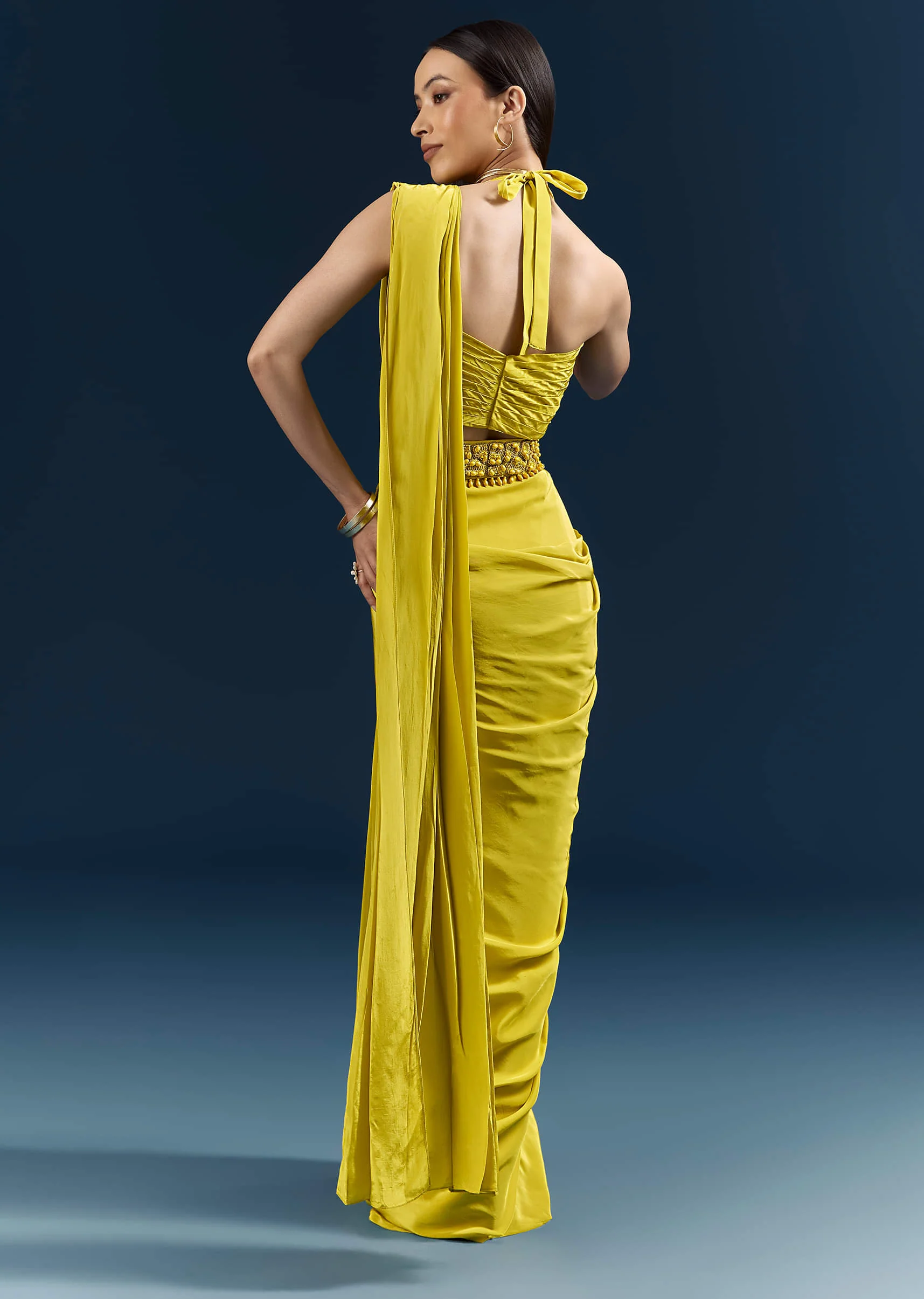 Lime Green Crepe Ready Pleated Saree With Heavy Embroidery - Image 6
