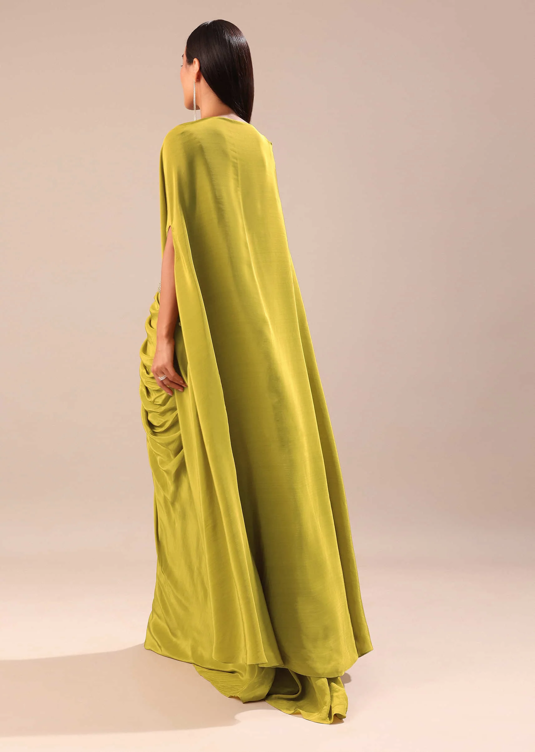 Lime Green Dhoti With Embroidered Blouse And Cape - Image 5