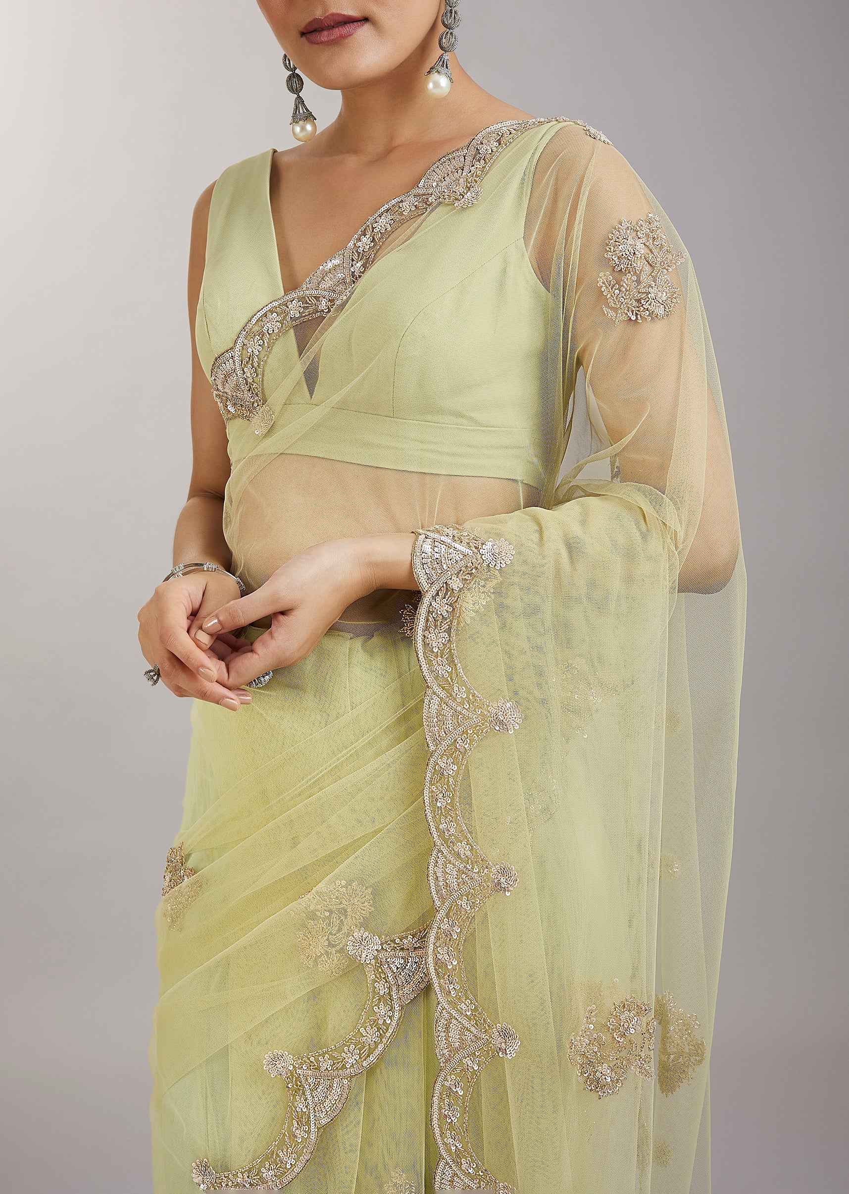 Lime Green Embellished Net Saree - Image 2