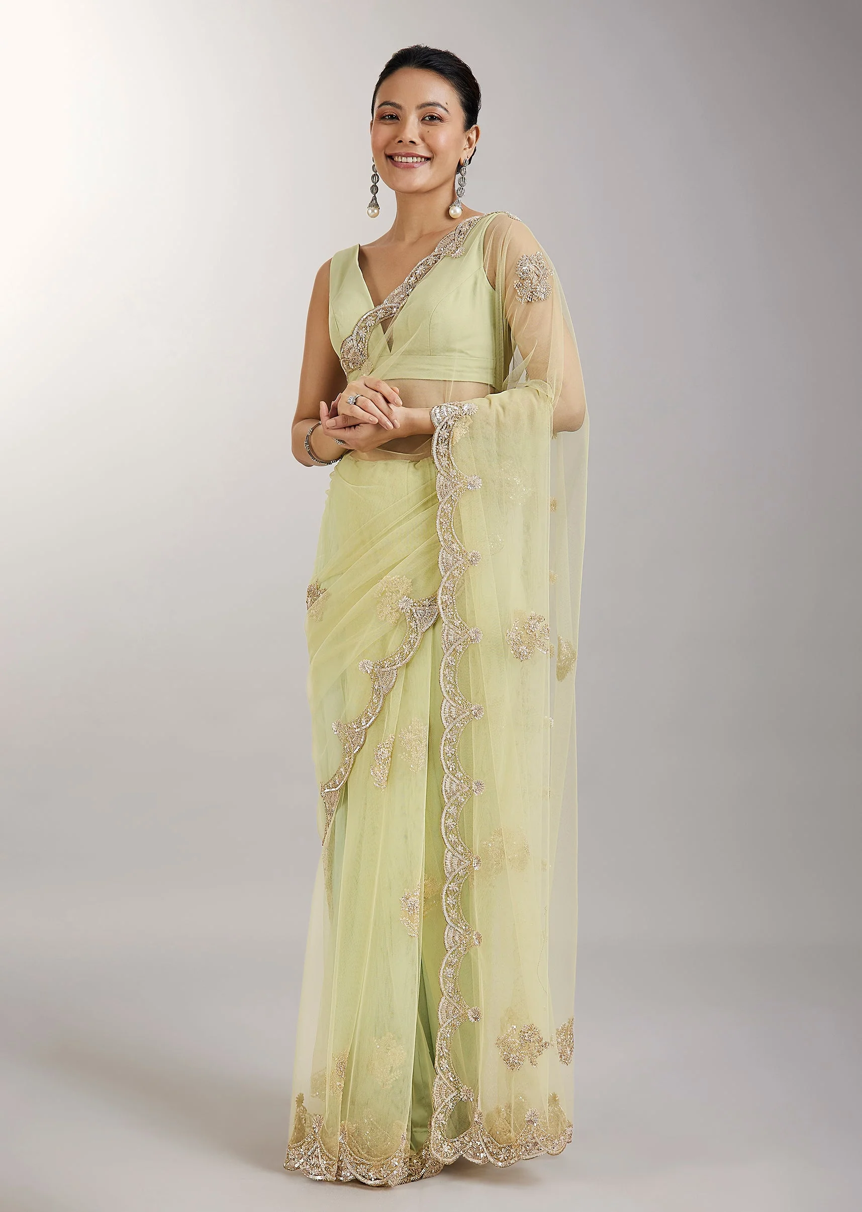 Lime Green Embellished Net Saree - Image 3