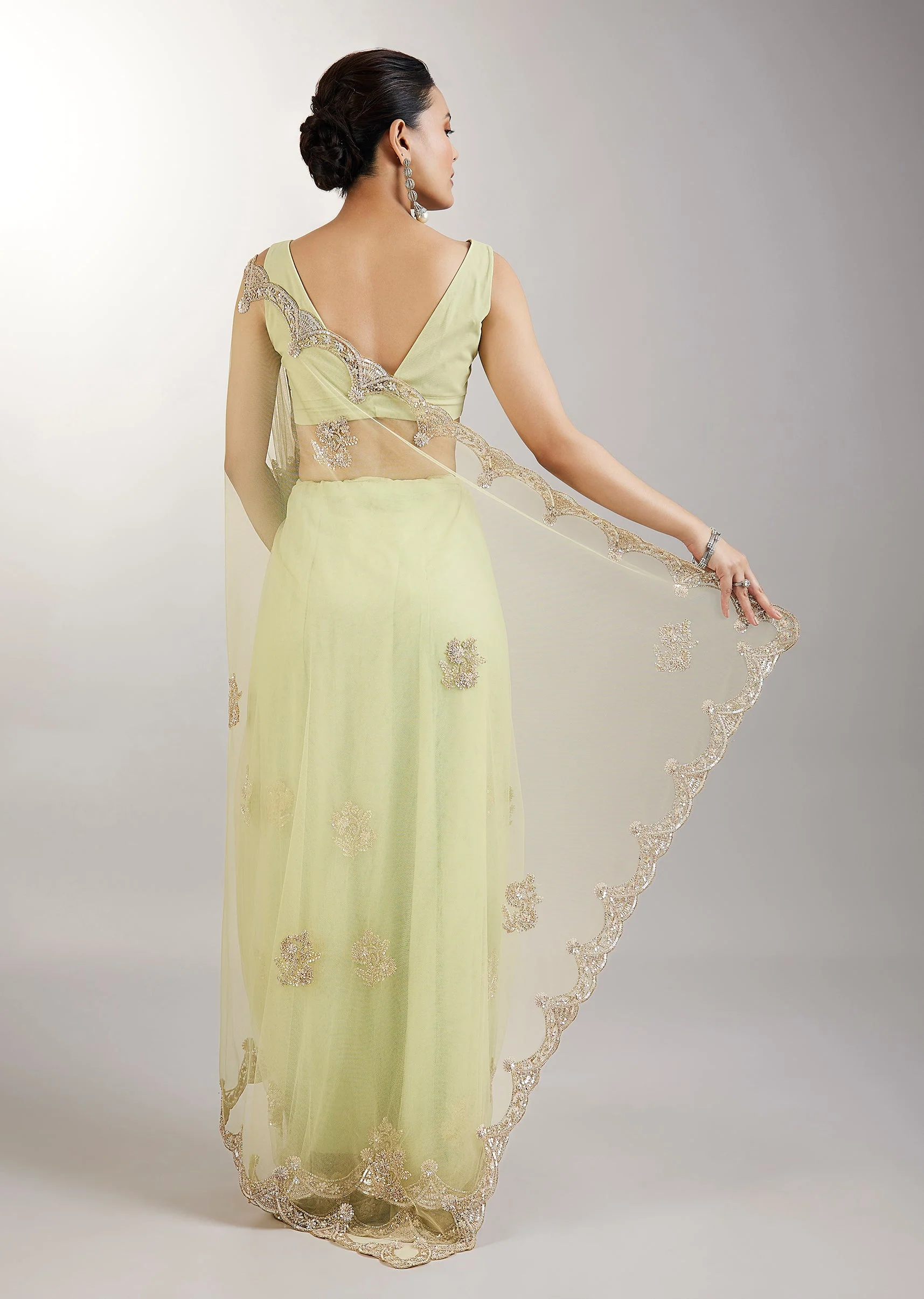 Lime Green Embellished Net Saree - Image 4