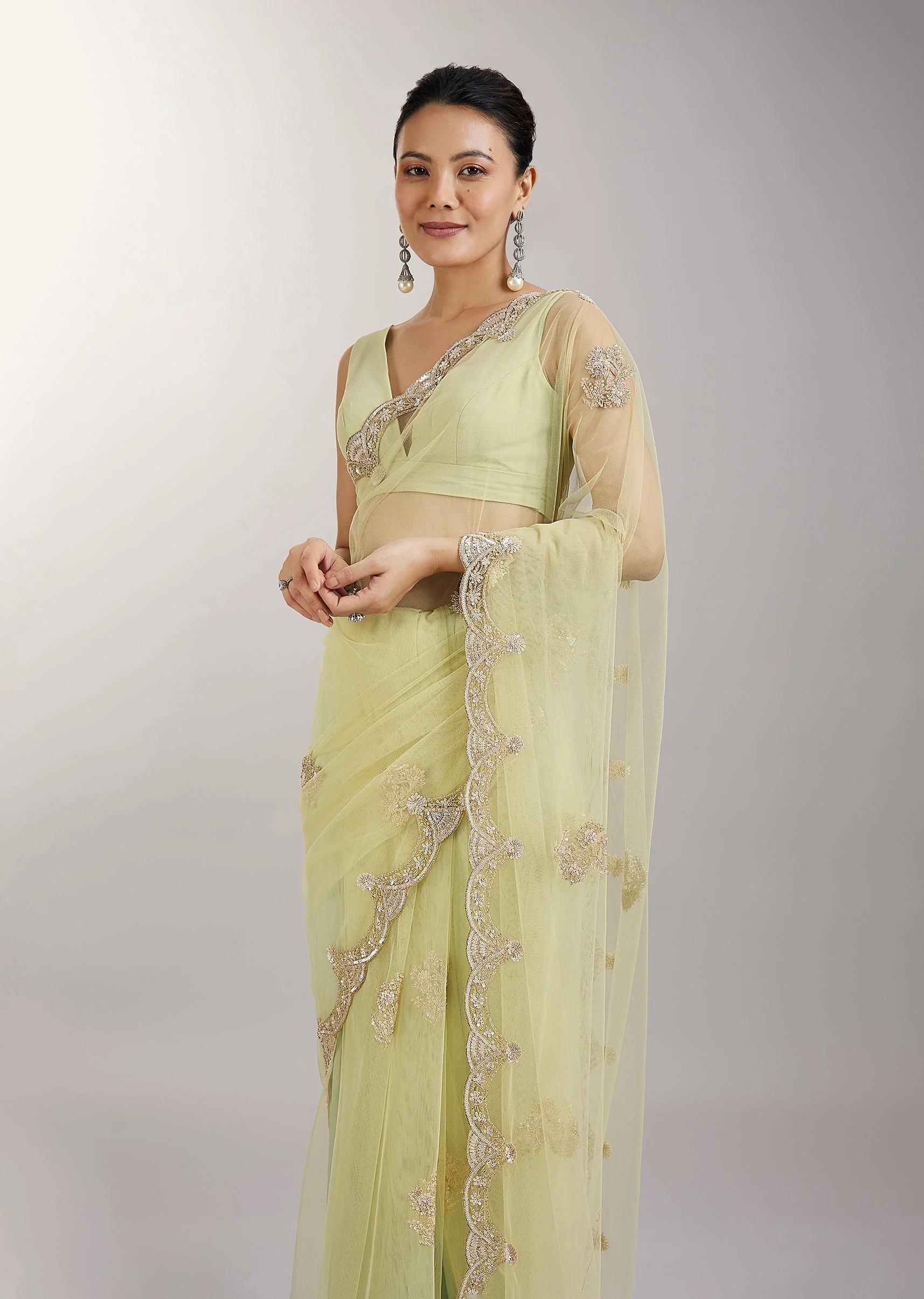 Lime Green Embellished Net Saree - Image 5
