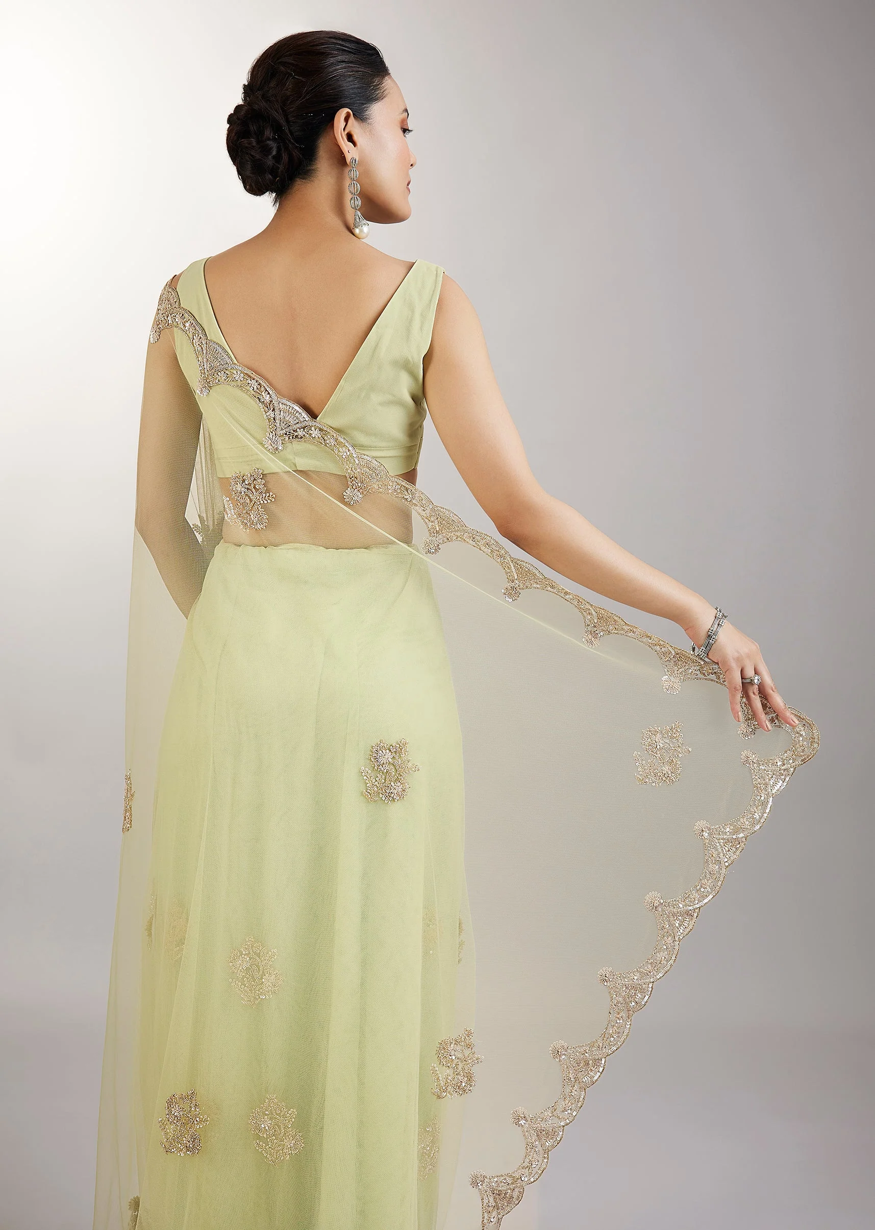 Lime Green Embellished Net Saree - Image 6