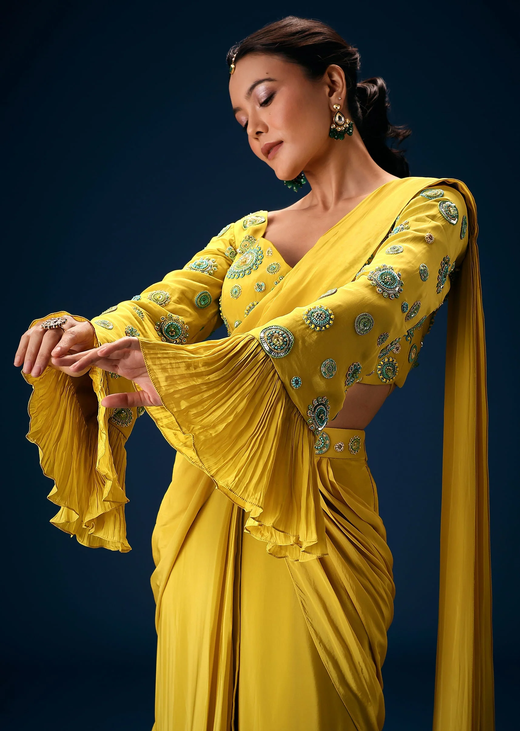 Lime Green Embroidered Blouse With Pre Stitched Saree - Image 4