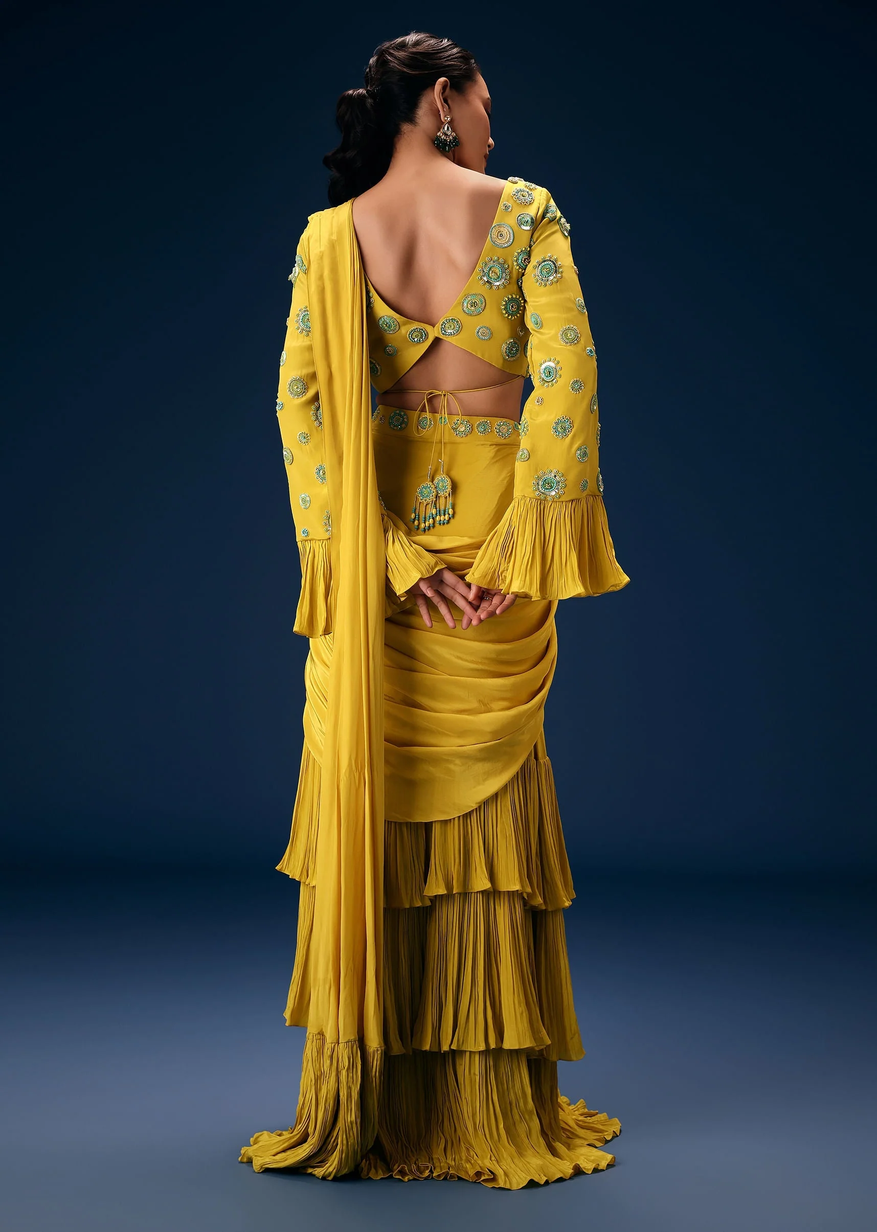 Lime Green Embroidered Blouse With Pre Stitched Saree - Image 5