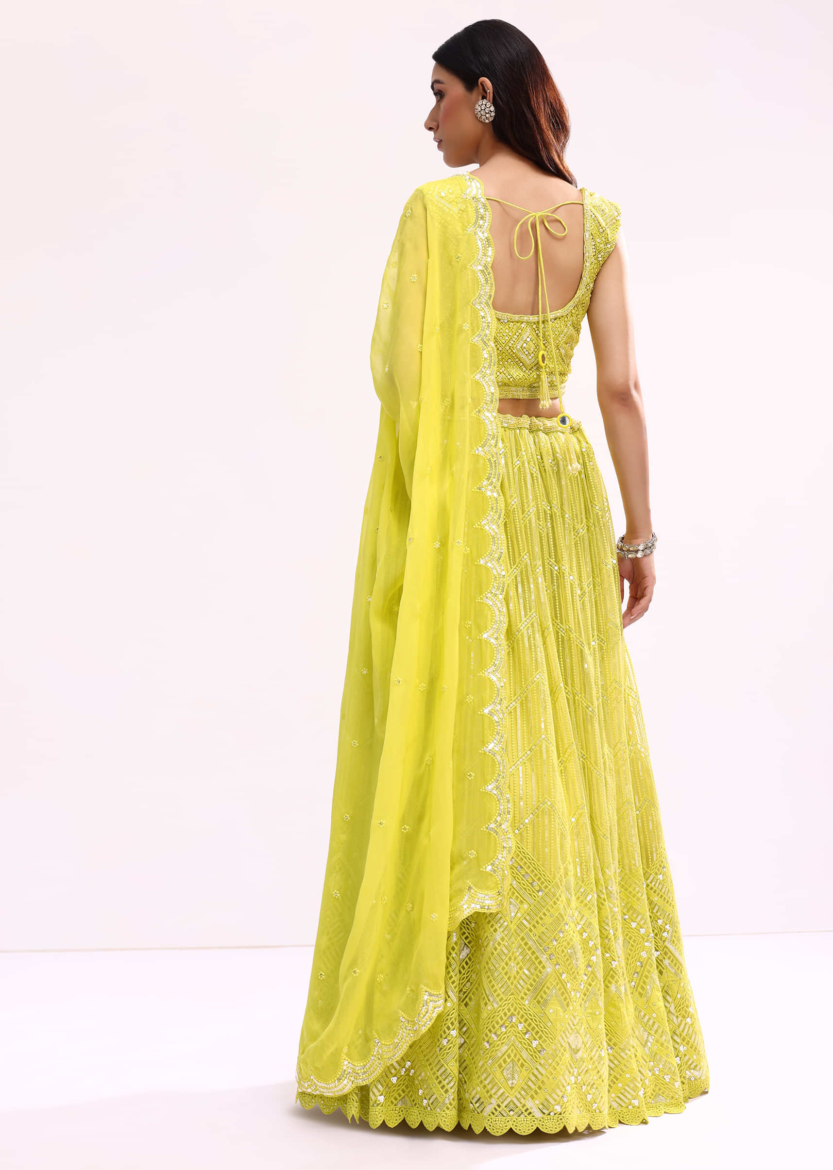 Lime Green Embroidered Net Lehenga Choli Set - Image 5