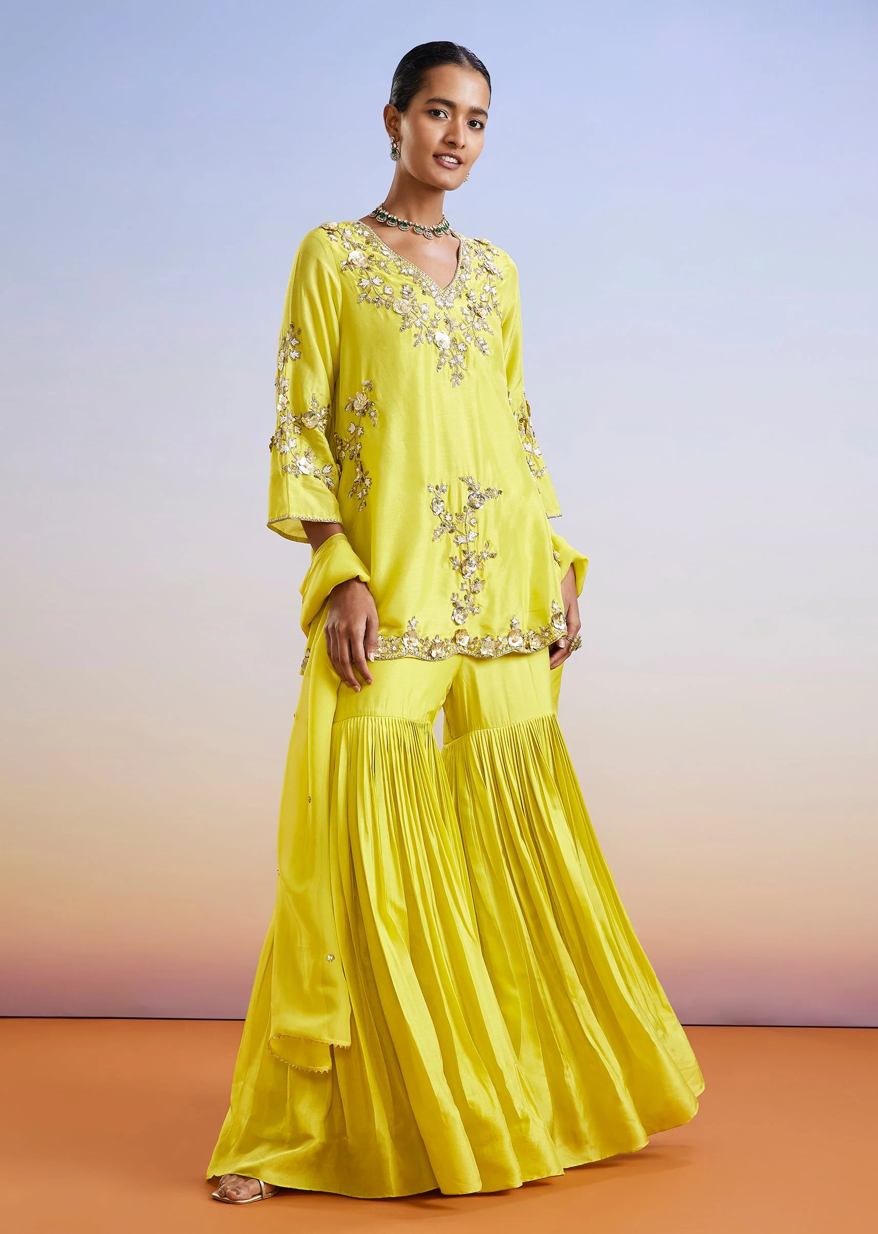 Lime Green Embroidered Silk Sharara Suit With Dupatta