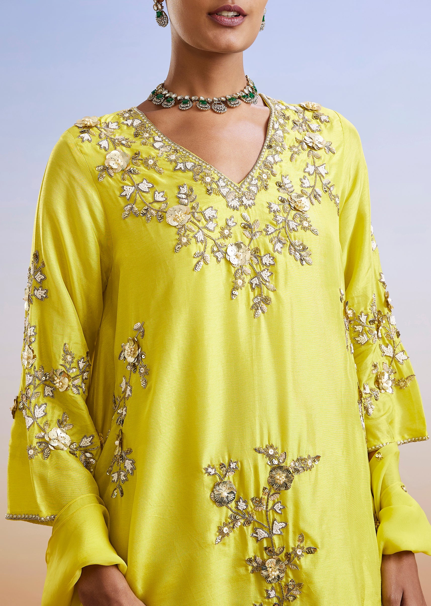 Lime Green Embroidered Silk Sharara Suit With Dupatta - Image 2