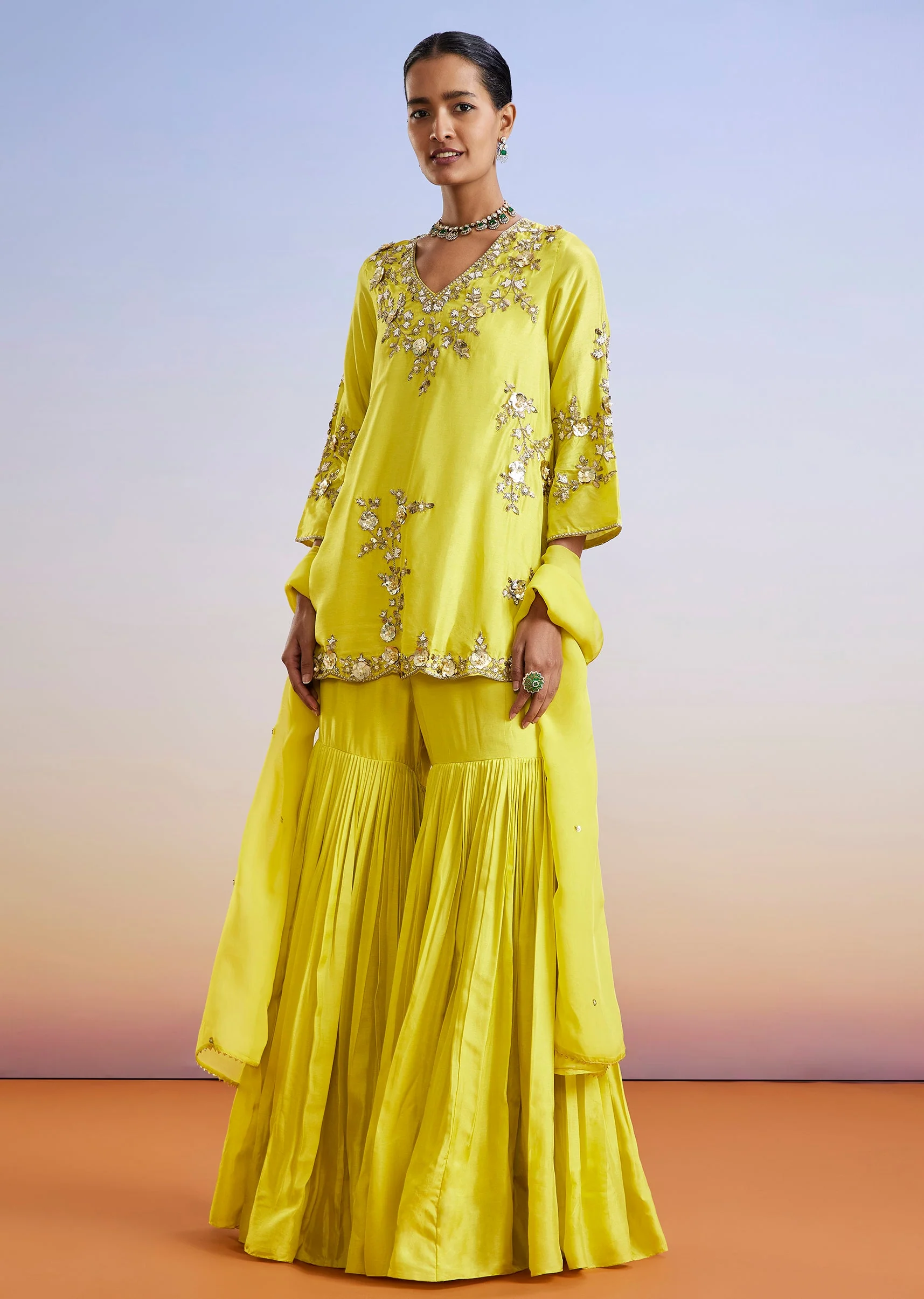 Lime Green Embroidered Silk Sharara Suit With Dupatta - Image 3