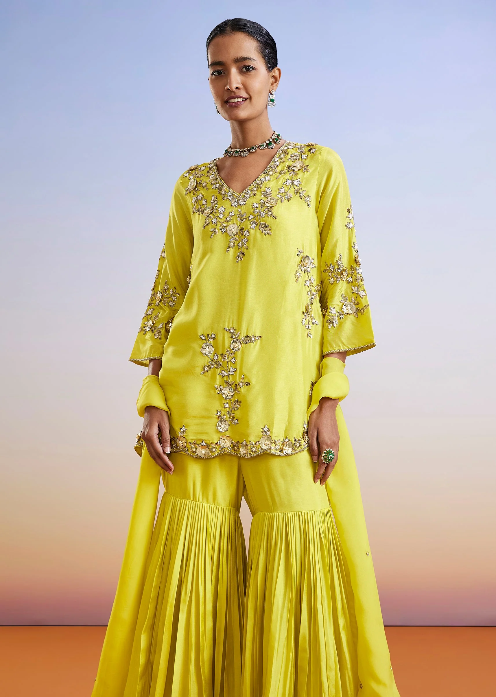 Lime Green Embroidered Silk Sharara Suit With Dupatta - Image 4