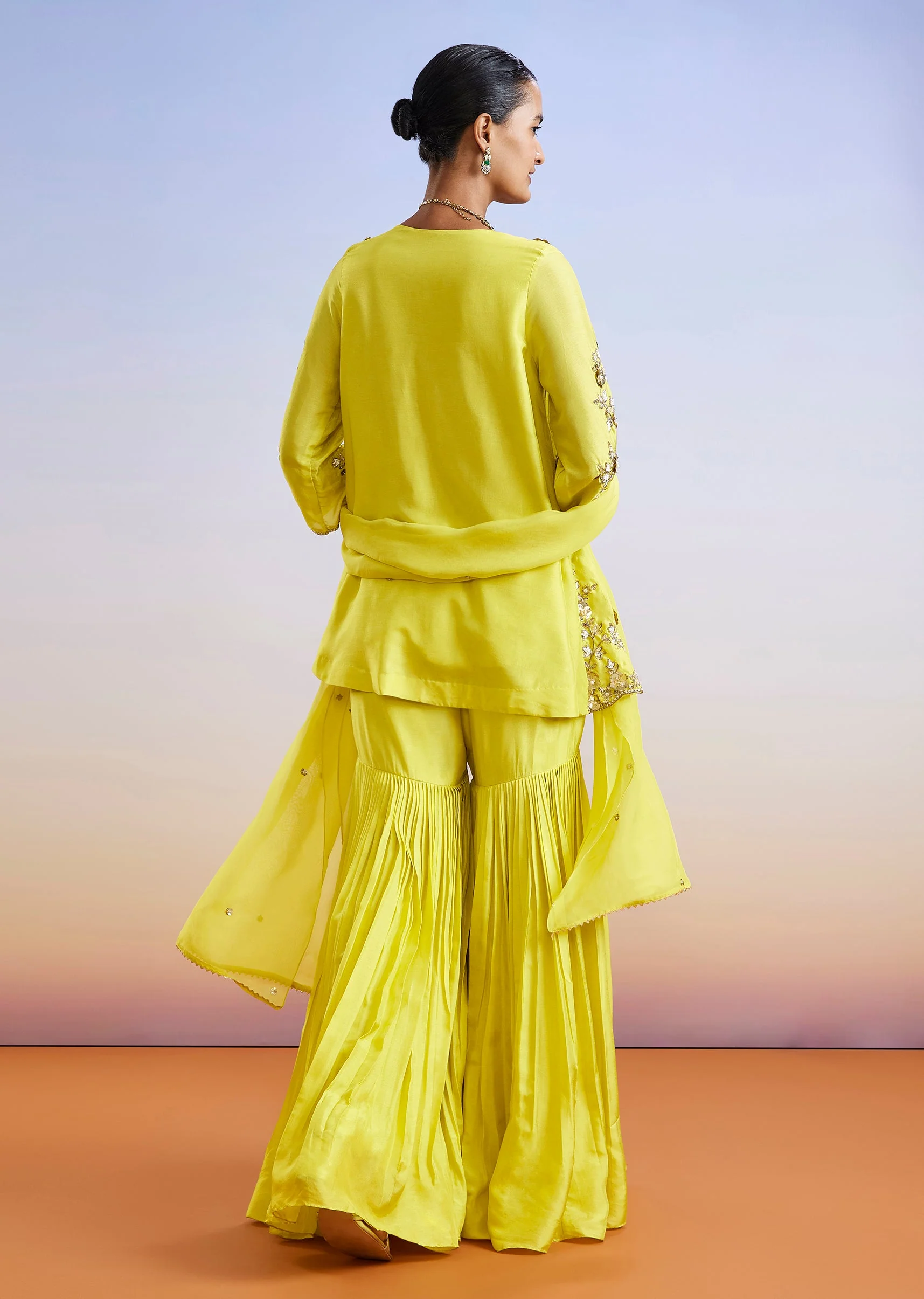 Lime Green Embroidered Silk Sharara Suit With Dupatta - Image 5