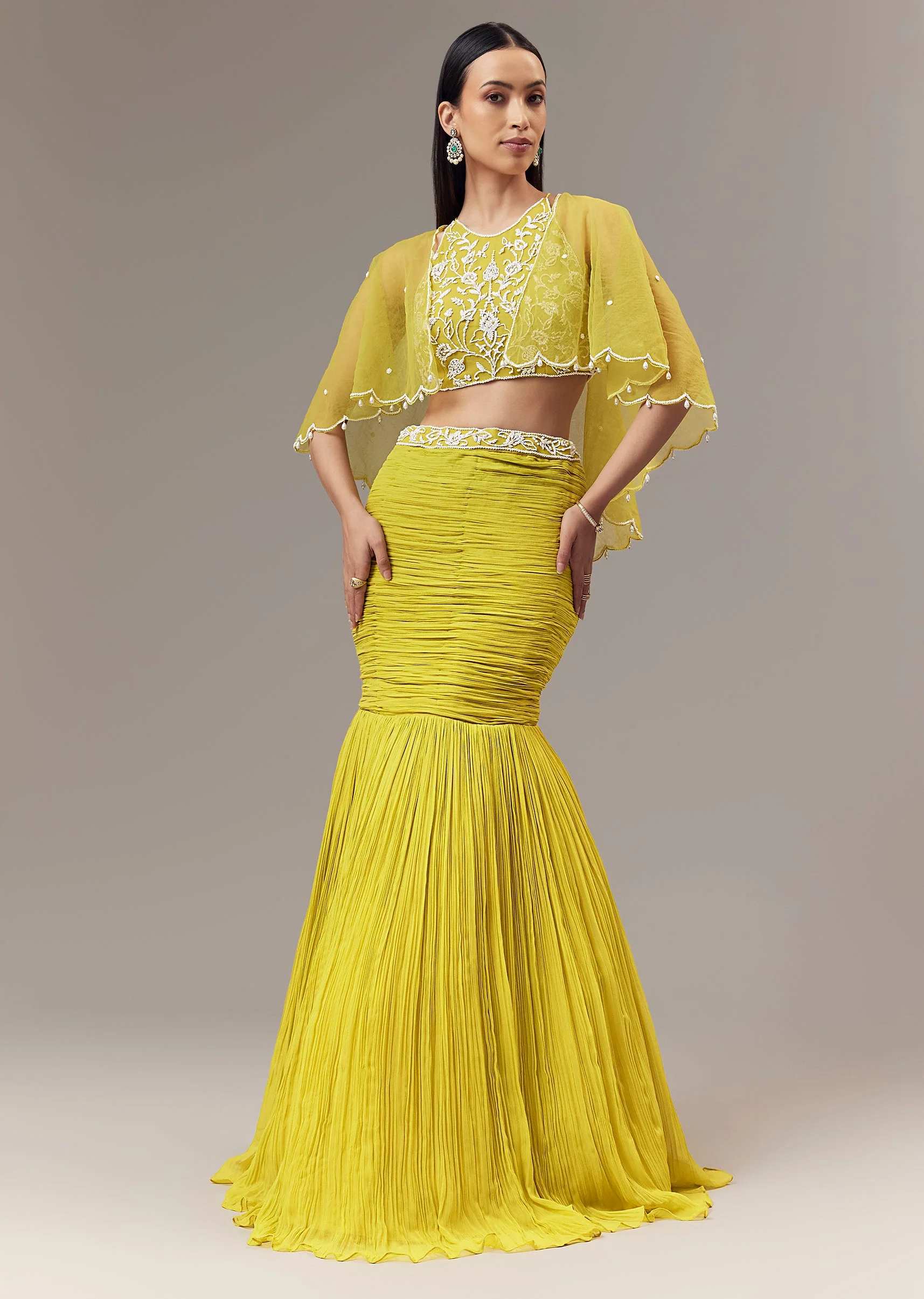Lime Green Georgette Fish Cut Lehenga With High Halter Neck Blouse And Cape With Bead And Cut Dana Work