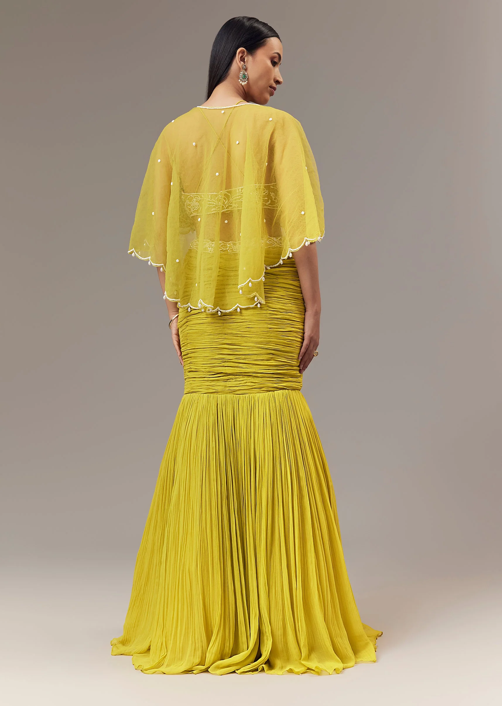 Lime Green Georgette Fish Cut Lehenga With High Halter Neck Blouse And Cape With Bead And Cut Dana Work - Image 2