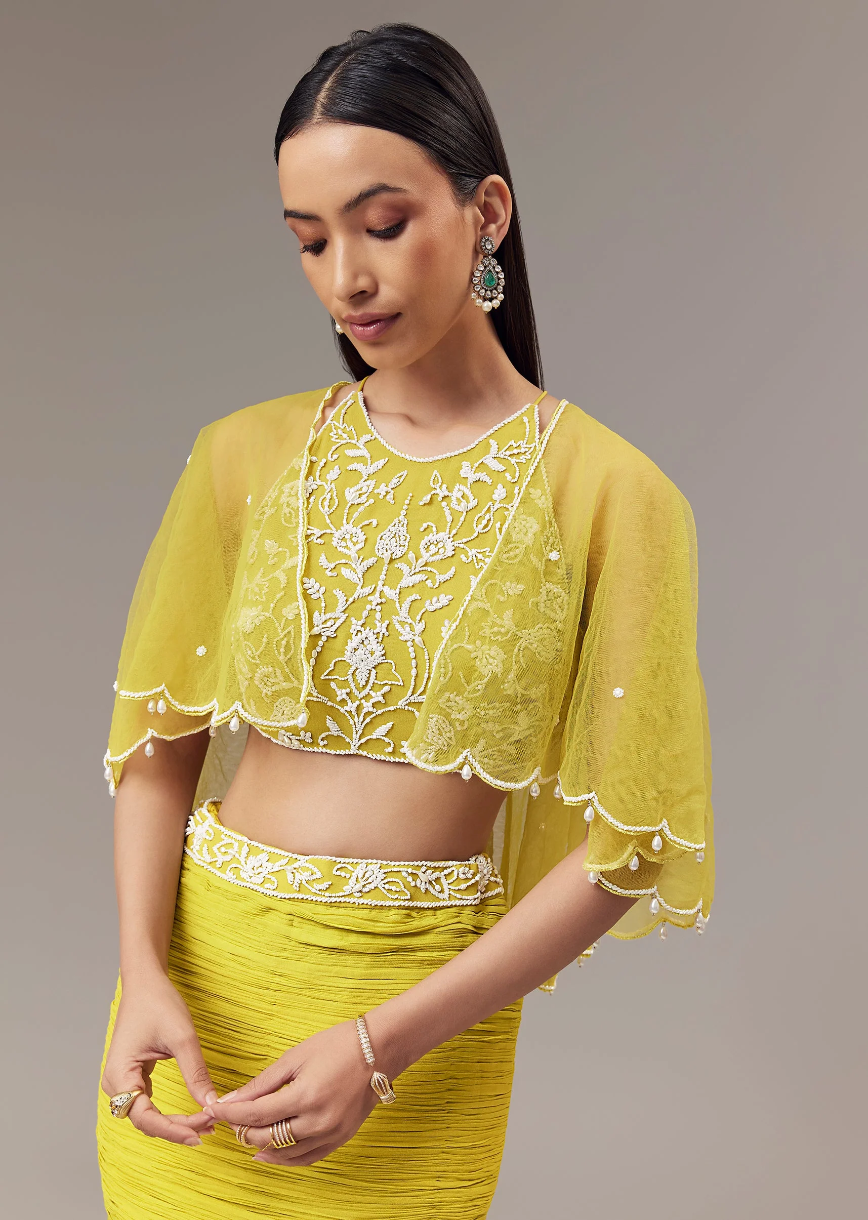 Lime Green Georgette Fish Cut Lehenga With High Halter Neck Blouse And Cape With Bead And Cut Dana Work - Image 3