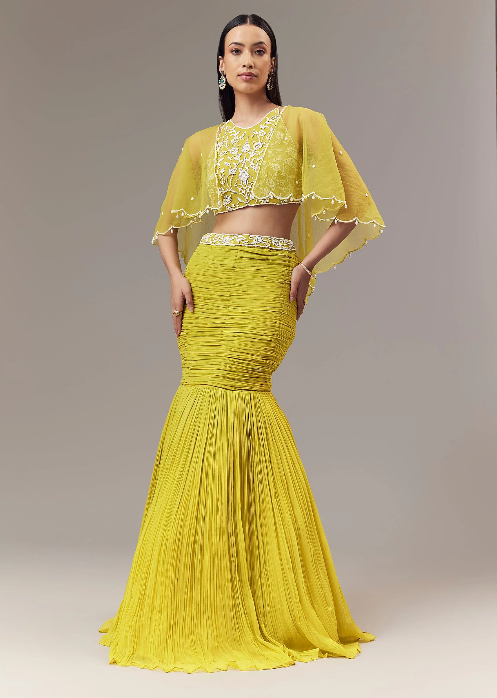 Lime Green Georgette Fish Cut Lehenga With High Halter Neck Blouse And Cape With Bead And Cut Dana Work - Image 4