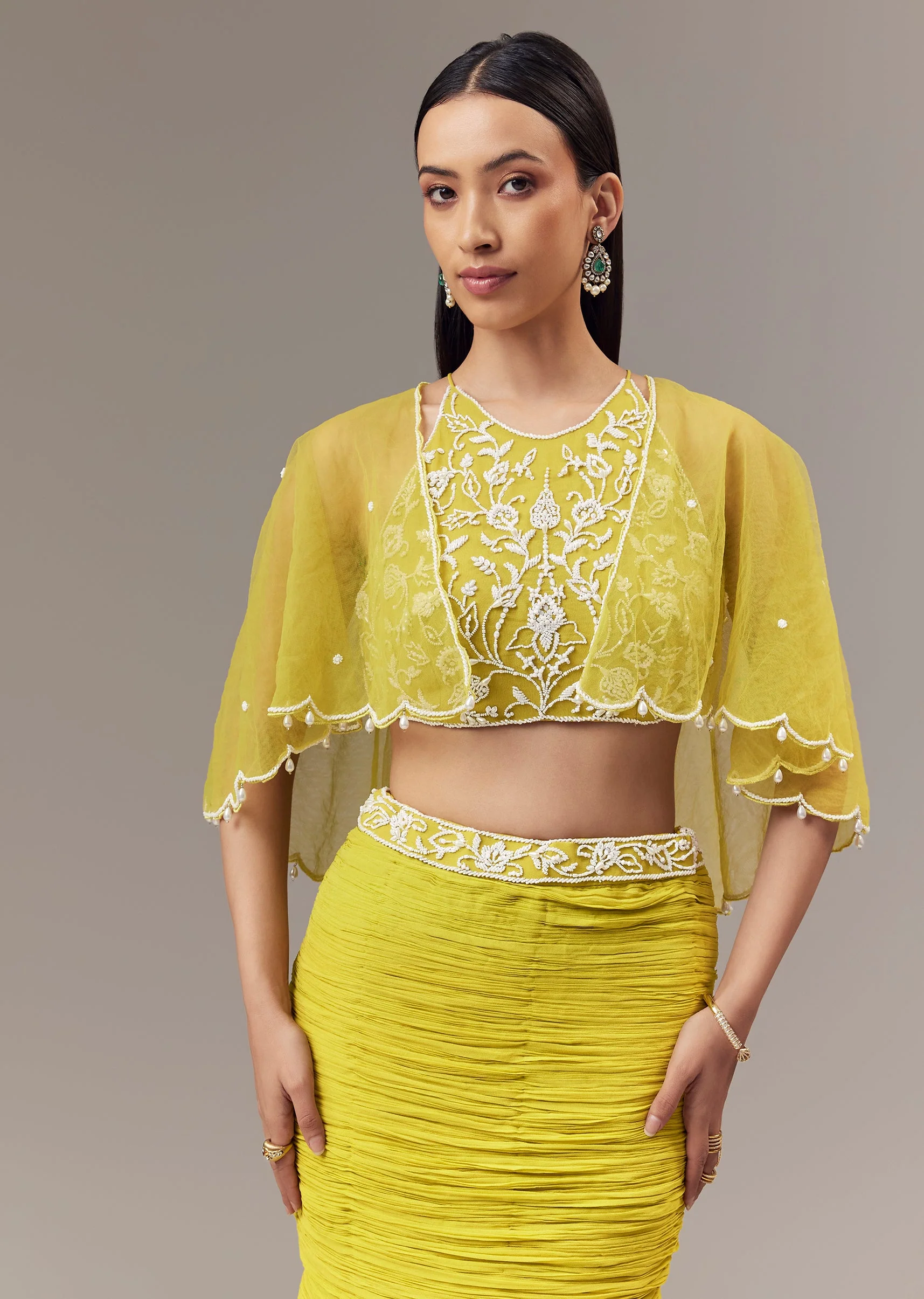 Lime Green Georgette Fish Cut Lehenga With High Halter Neck Blouse And Cape With Bead And Cut Dana Work - Image 5